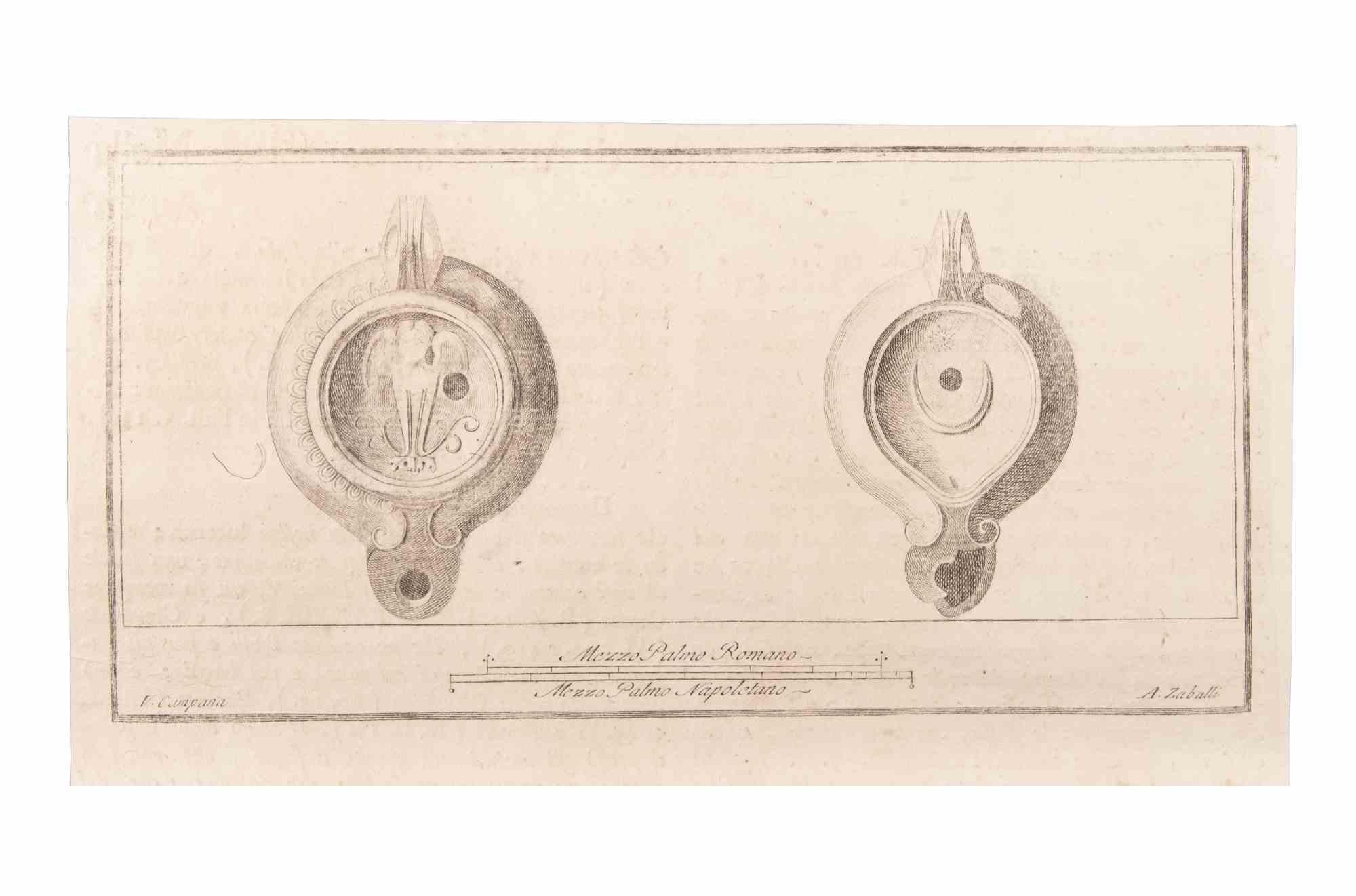Oil Light is an Etching realized by Vincenzo Campana (1730-1806).

The etching belongs to the print suite “Antiquities of Herculaneum Exposed” (original title: “Le Antichità di Ercolano Esposte”), an eight-volume volume of engravings of the finds