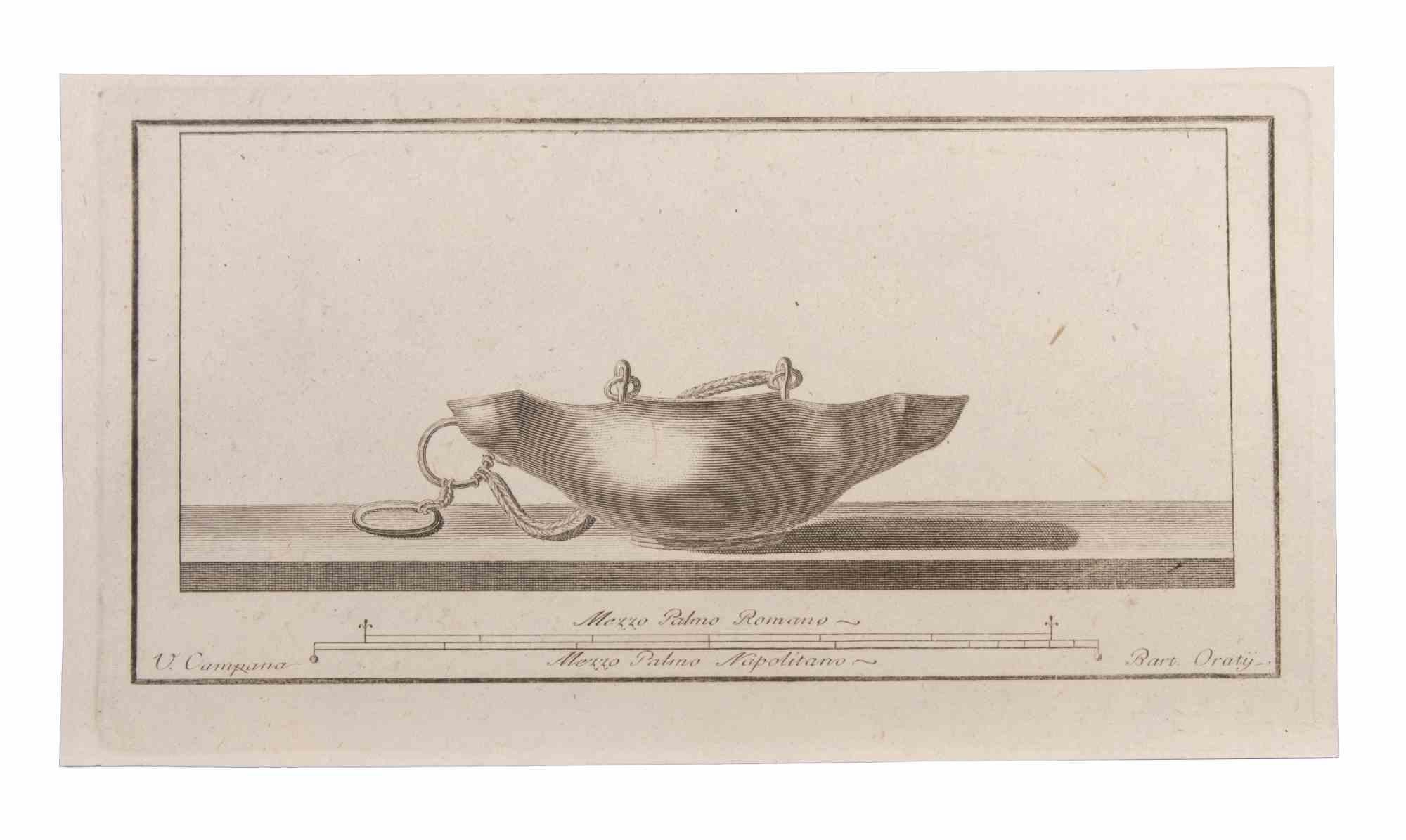 Lampe à huile à suspendre est une gravure réalisée par Vincenzo Campana (1730-1806).

La gravure appartient à la suite d'estampes "Antiquités d'Herculanum exposées" (titre original : "Le Antichità di Ercolano Esposte"), un volume de huit gravures