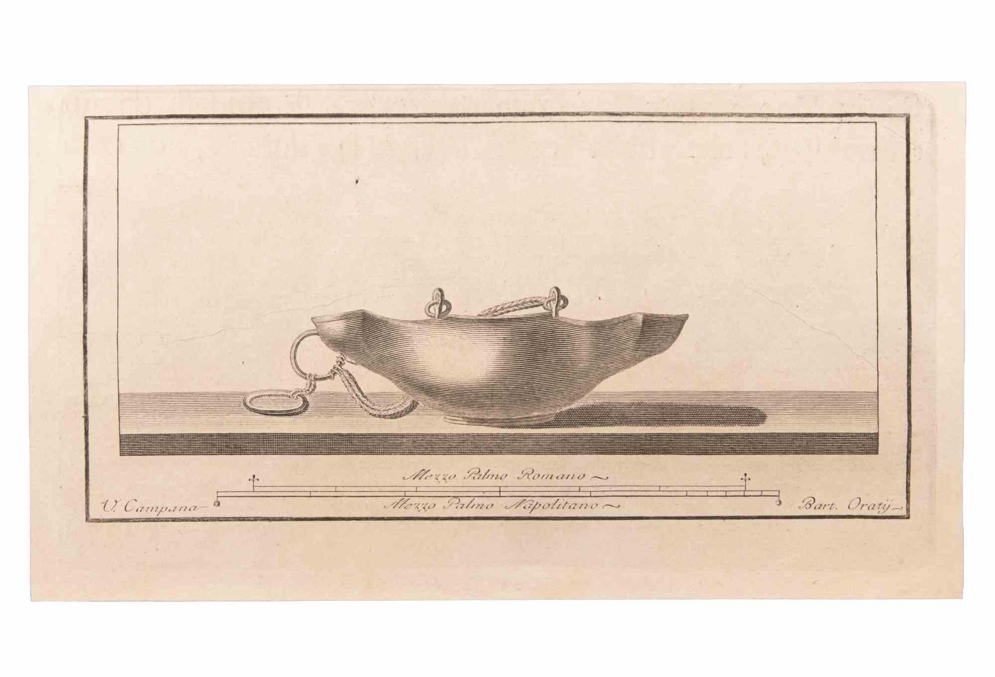 Oil Lamp to Hang is an Etching realized by Vincenzo Campana (1730-1806).

The etching belongs to the print suite “Antiquities of Herculaneum Exposed” (original title: “Le Antichità di Ercolano Esposte”), an eight-volume volume of engravings of the