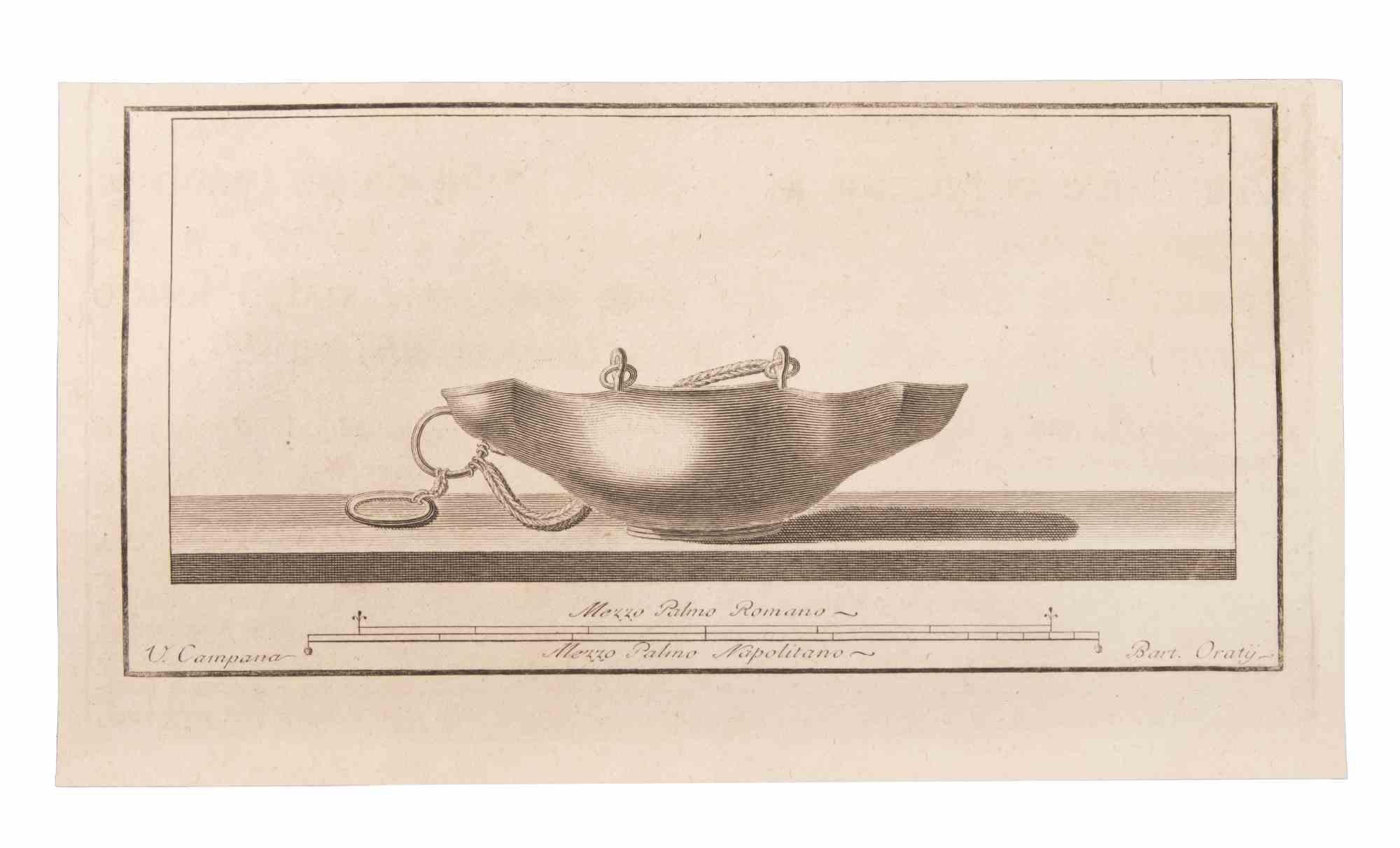 Öllampe zum Aufhängen ist eine Radierung von Vincenzo Campana (1730-1806).

Die Radierung gehört zu der Druckserie "Antiquities of Herculaneum Exposed" (Originaltitel: "Le Antichità di Ercolano Esposte"), einem achtbändigen Band mit Stichen von