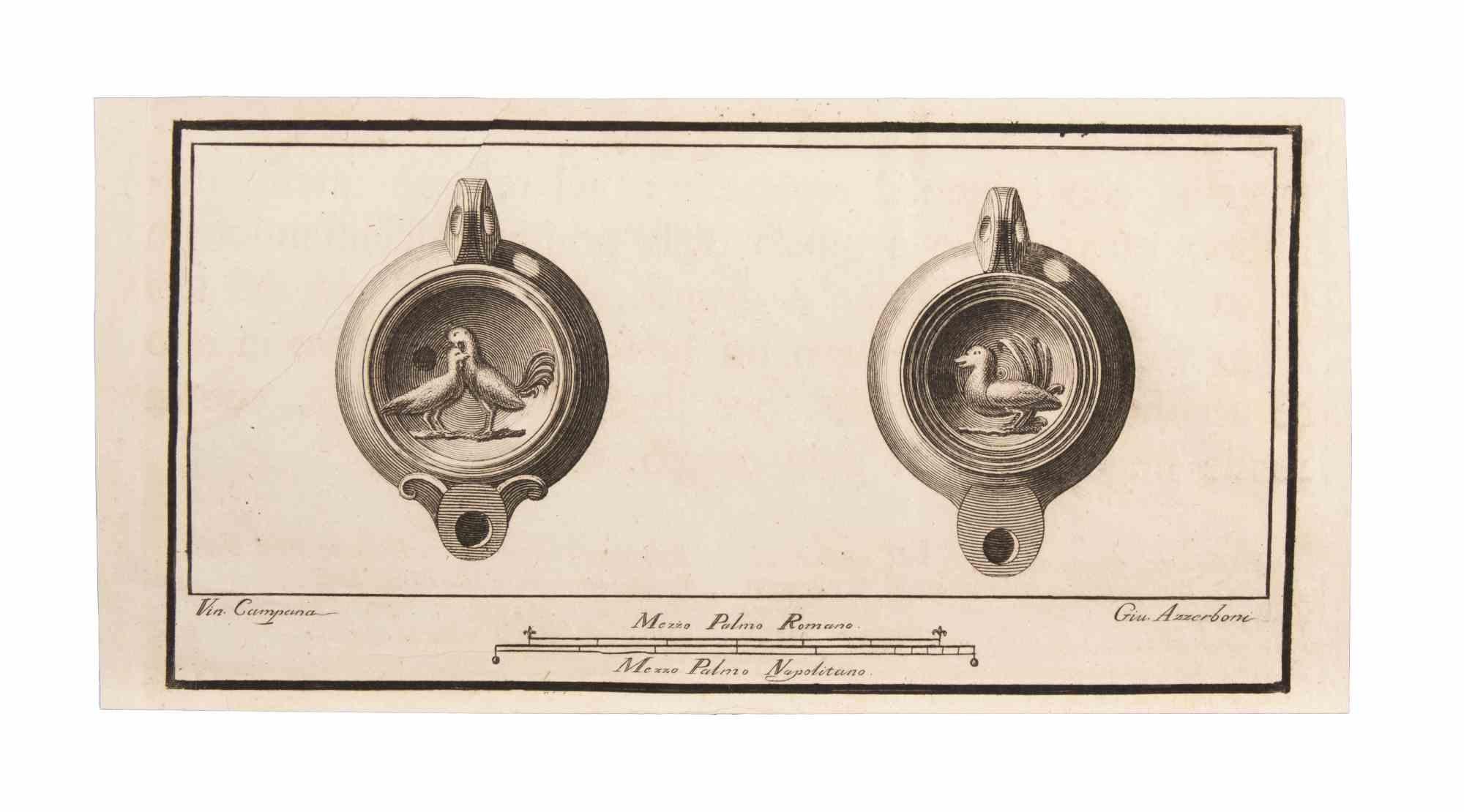 Lampe à huile avec décoration est une gravure réalisée par Vincenzo Campana (1730-1806).

La gravure appartient à la suite d'estampes "Antiquités d'Herculanum exposées" (titre original : "Le Antichità di Ercolano Esposte"), un volume de huit