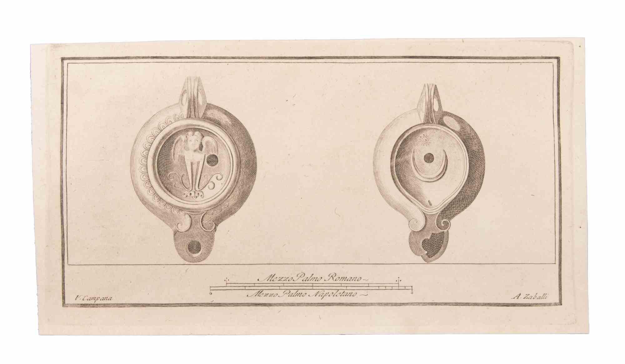 Lampe à huile à suspendre est une gravure réalisée par Vincenzo Campana (1730-1806).

La gravure appartient à la suite d'estampes "Antiquités d'Herculanum exposées" (titre original : "Le Antichità di Ercolano Esposte"), un volume de huit gravures