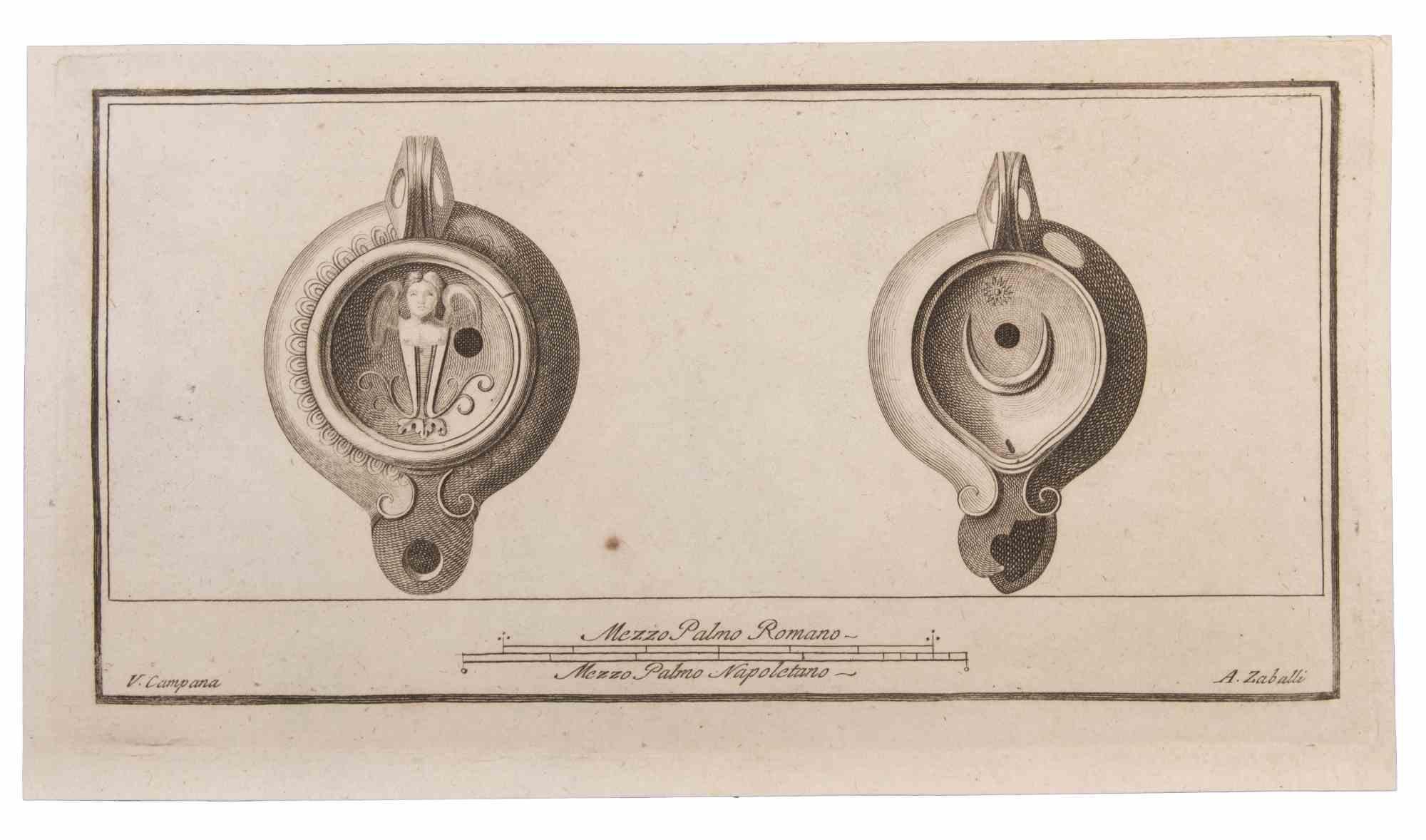 Lampes à huile est une gravure réalisée par Vincenzo Campana (1750-1787).

La gravure appartient à la suite d'estampes "Antiquités d'Herculanum exposées" (titre original : "Le Antichità di Ercolano Esposte"), un volume de huit gravures des