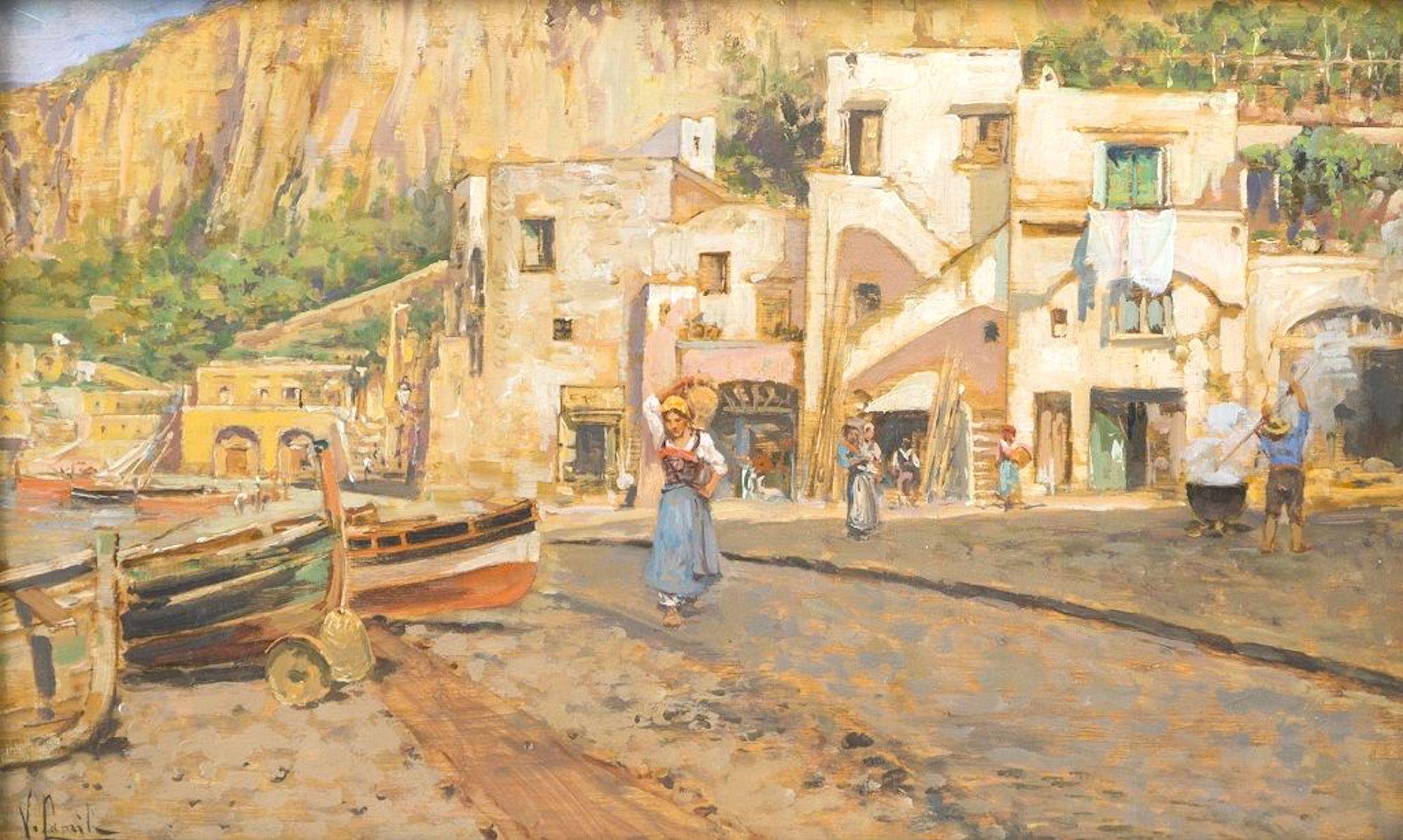 Vincenzo Caprile Landscape Painting - Houses on Shores in Capri - Oil on Board by V. Caprile - Early 20th Century
