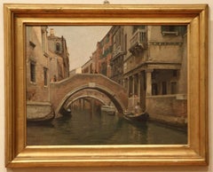 View of Canal in Venice Landscape with Architectures Oil on Canvas Painting