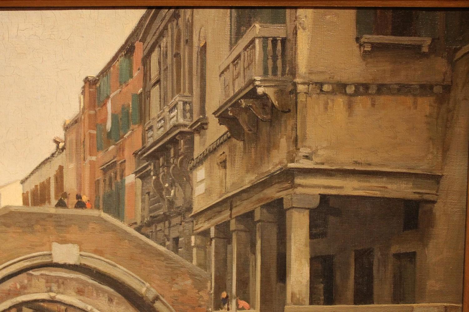 View of Canal in Venice Landscape with Architectures Oil on Canvas Painting - Brown Landscape Painting by Vincenzo Caprile
