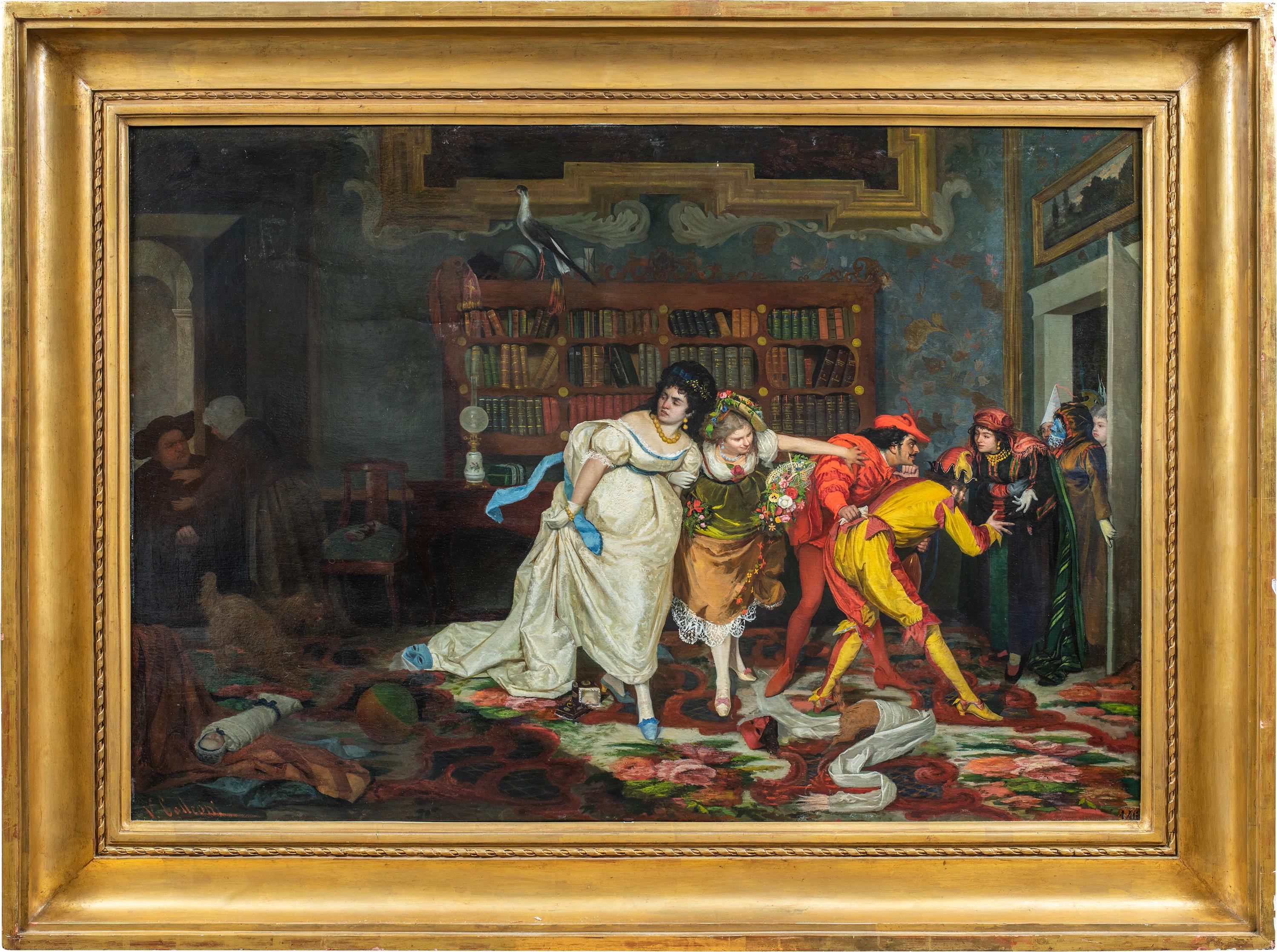 Vincenzo Colleoni (attivo a Venezia nella seconda metà del XIX secolo) - Scena di interni con personaggi mascherati.

110 x 160 cm senza cornice, 145 x 194 cm con cornice.

Antico dipinto a olio su tela, in una cornice di legno dorato.

- Opera