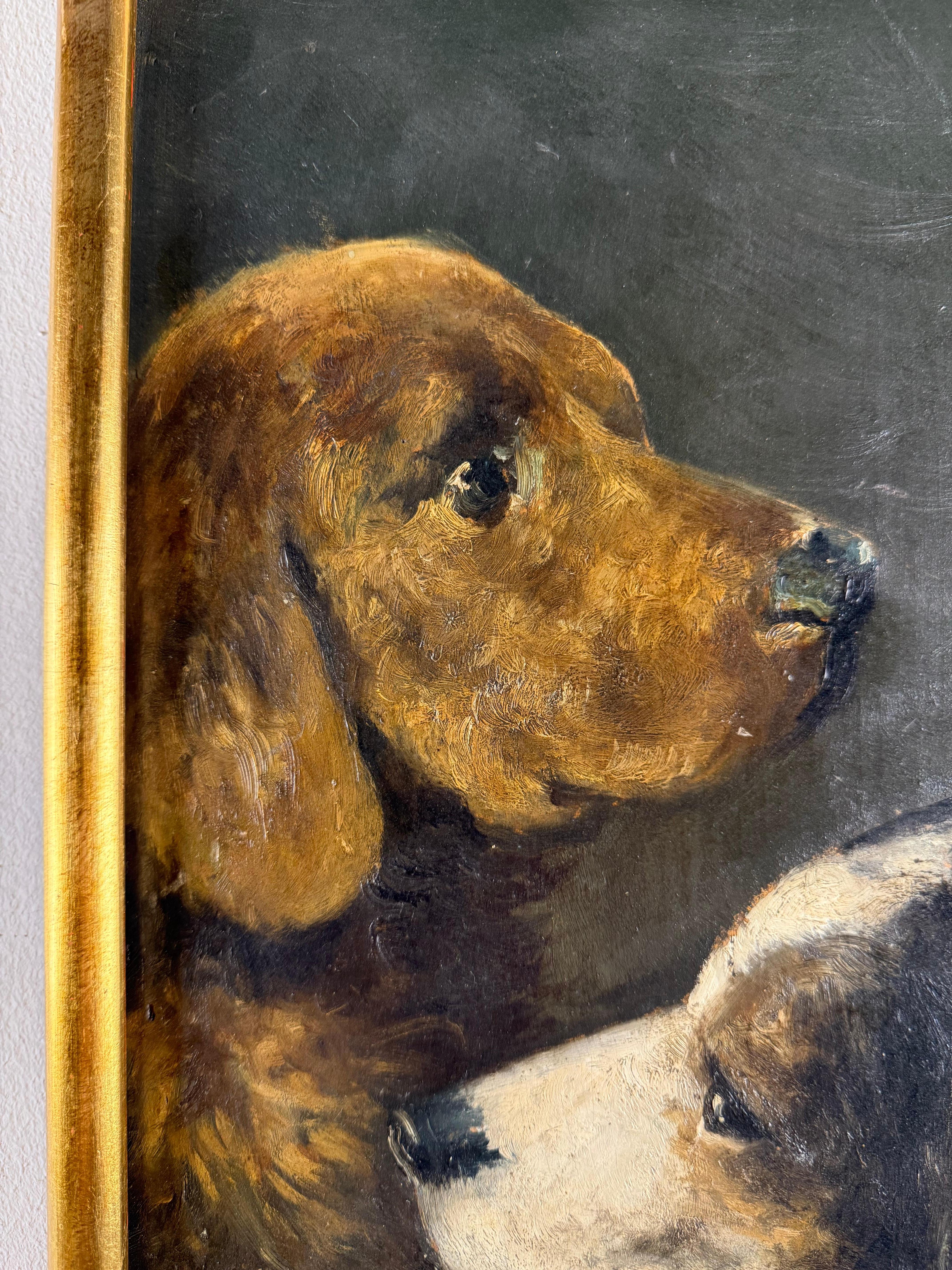 Dogs eating chicken from a table - Beige Animal Painting by Vincenzo Conforti