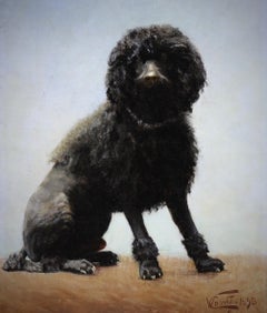 Oil painting on canvas portrait of a poodle dog 19th century