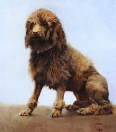 Oil painting on canvas portrait of a poodle dog 19th century