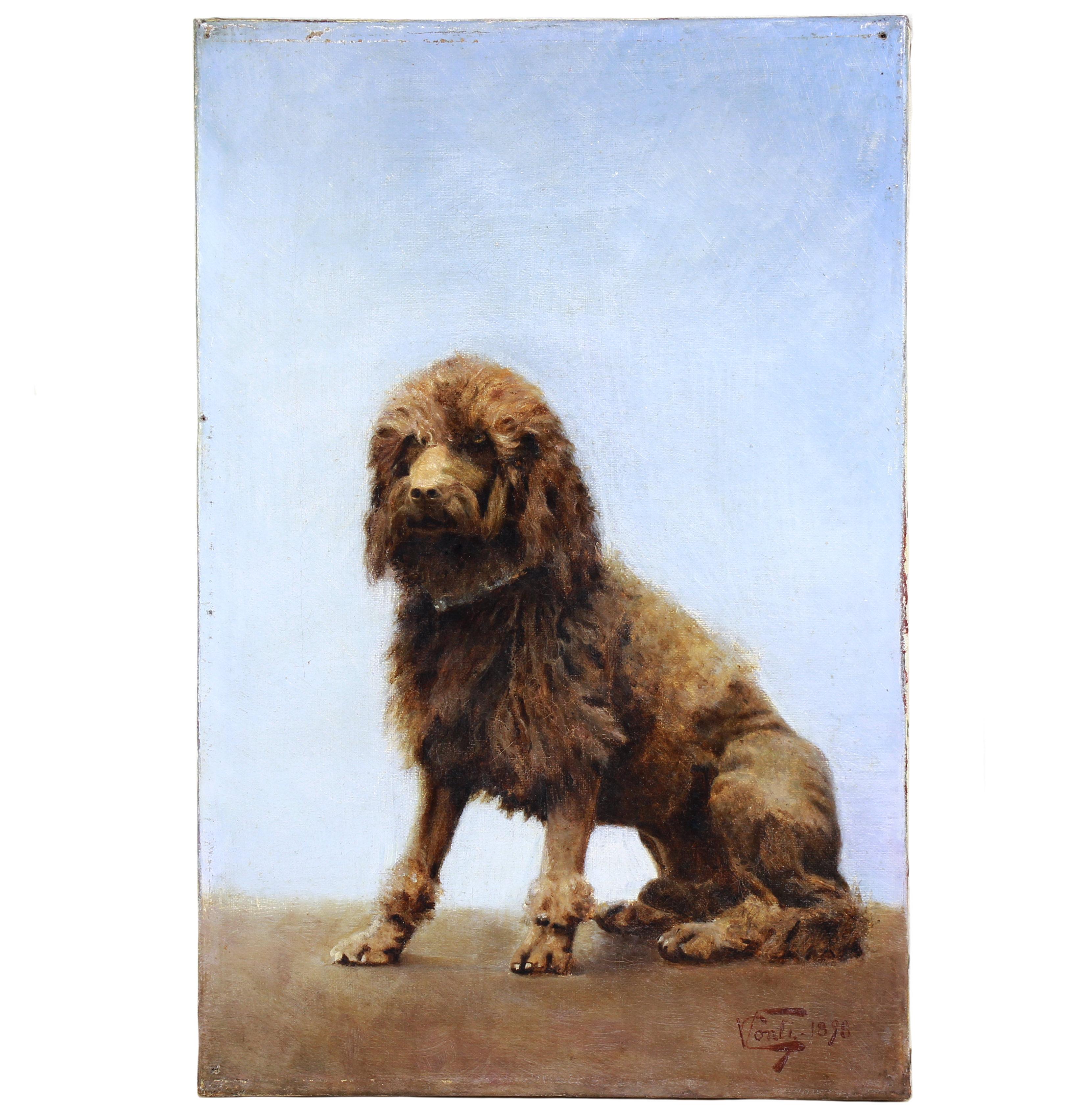 Peinture à l'huile sur toile portrait d'un chien caniche 19ème siècle - Autres styles artistiques Painting par Vincenzo CONTI 