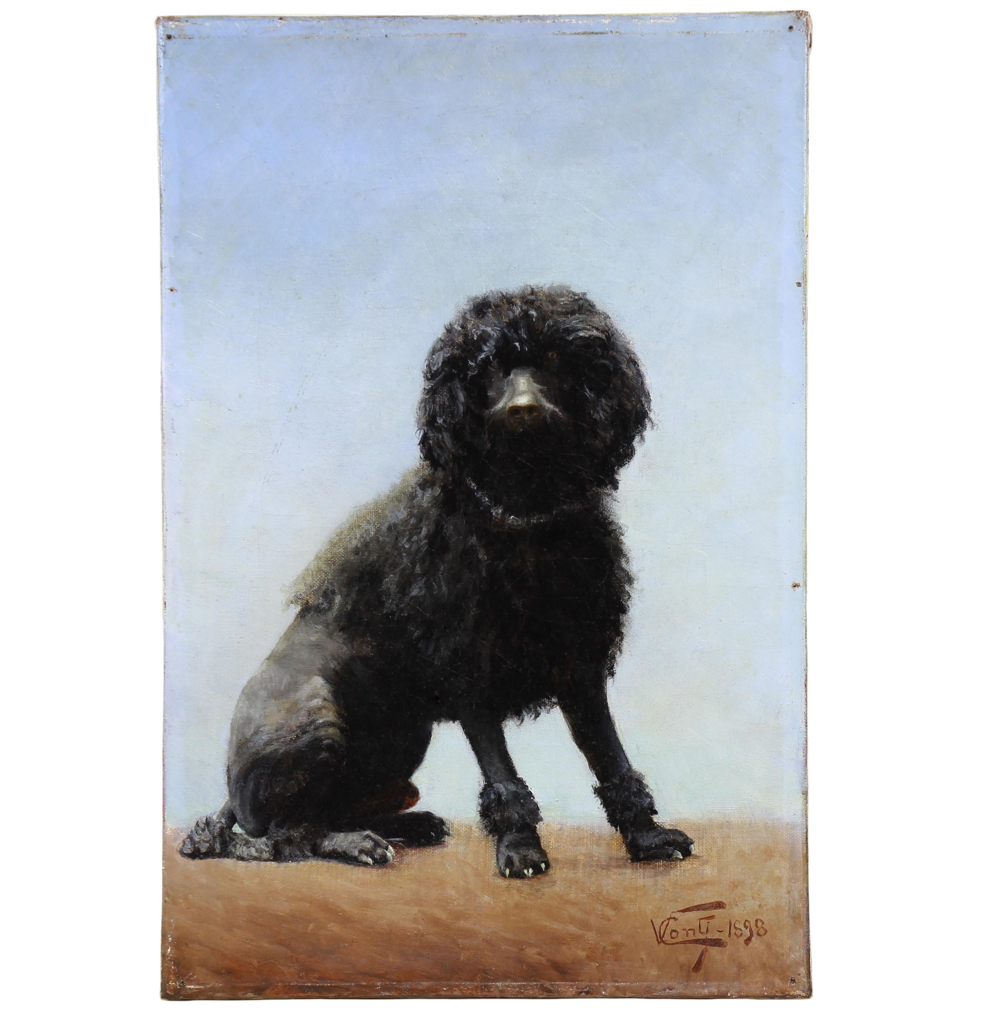 Peinture à l'huile sur toile portrait d'un chien caniche 19ème siècle - Gris Animal Painting par Vincenzo CONTI 