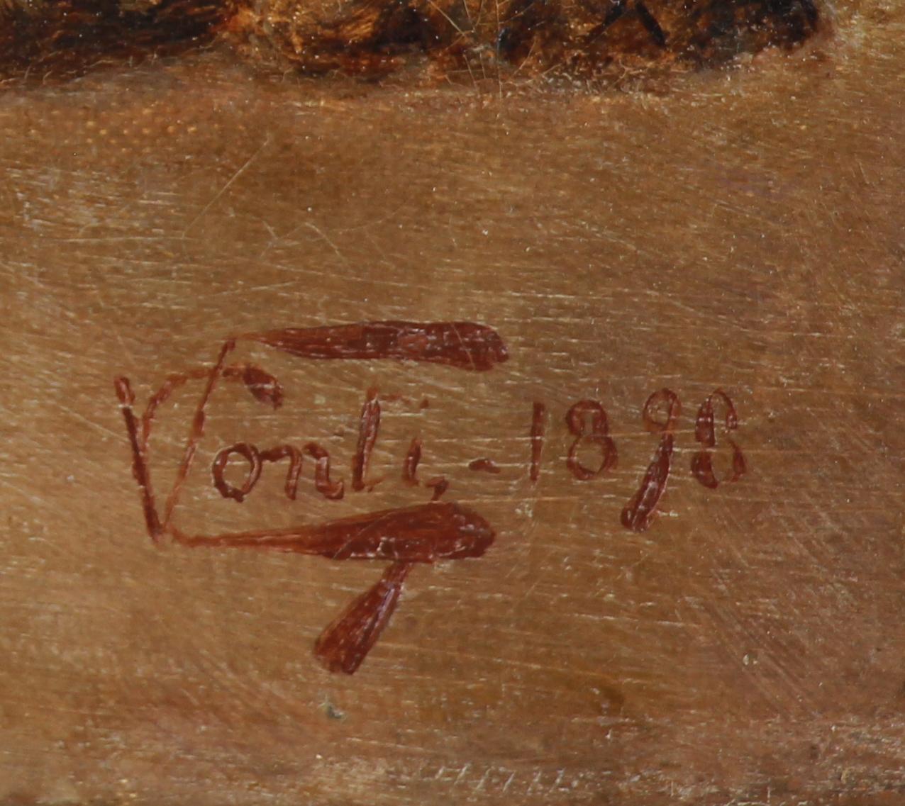 Peinture à l'huile sur toile portrait d'un chien caniche 19ème siècle - Bleu Animal Painting par Vincenzo CONTI 