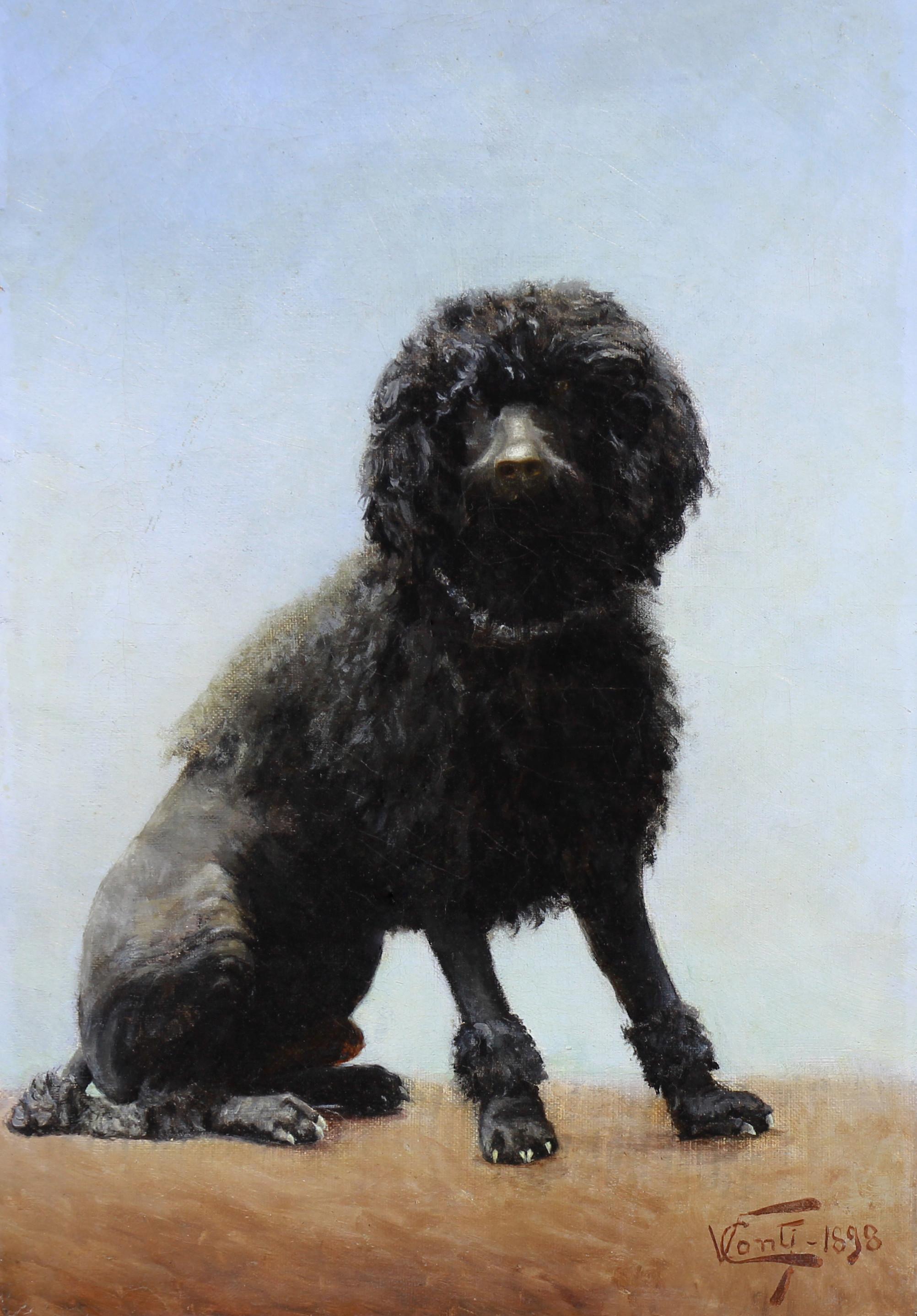 Dipinto a olio su tela con ritratto di cane barboncino del XIX secolo