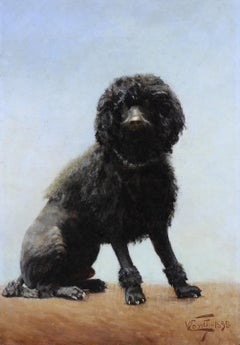 Dipinto a olio su tela con ritratto di cane barboncino del XIX secolo