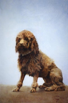 Oil painting on canvas portrait of a poodle dog 19th century
