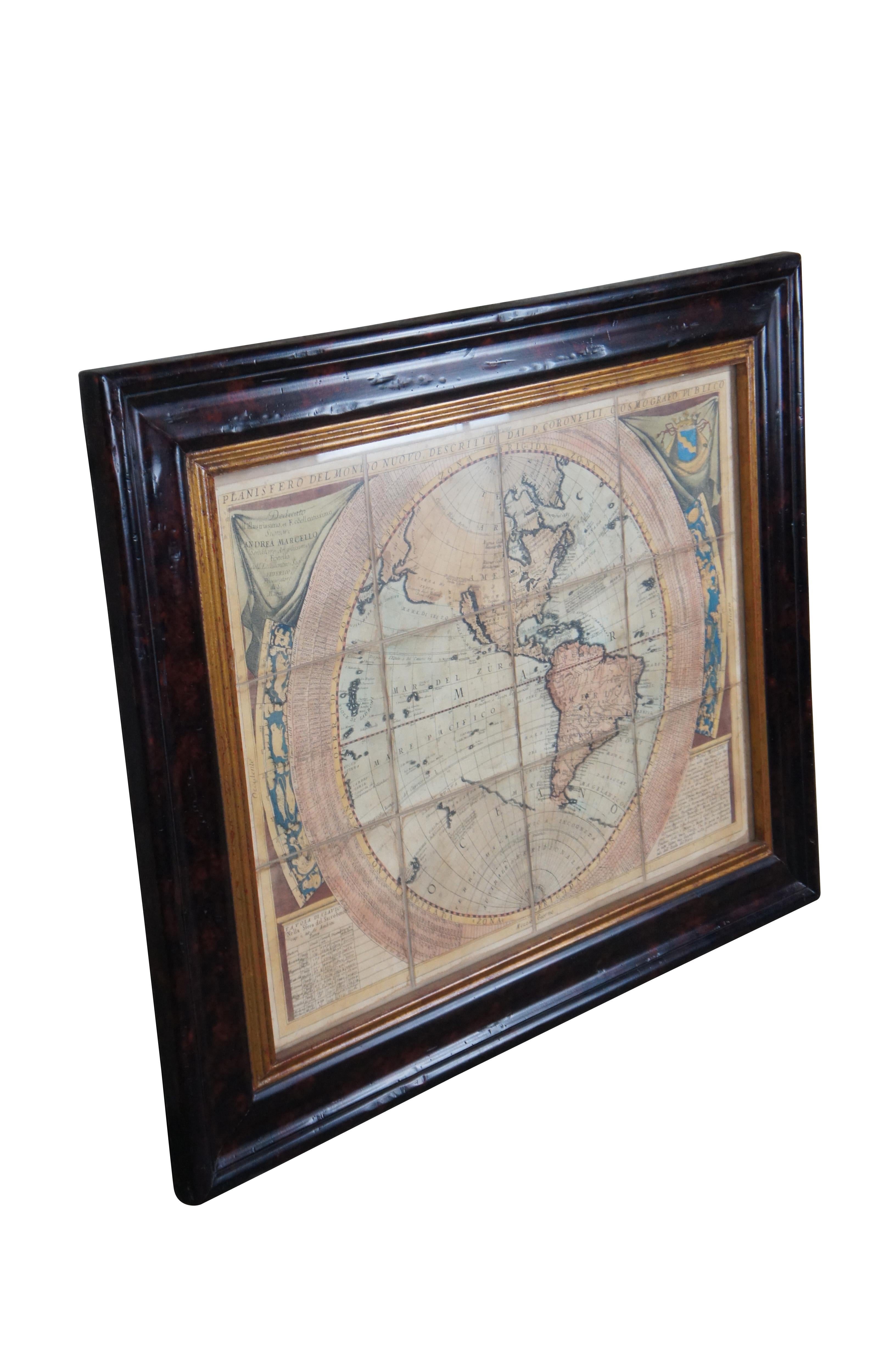 Reproduction encadrée de la carte du Nouveau Monde de Coronelli, attribuée à Trevor James Company. La carte montre l'hémisphère occidental, y compris les découvertes faites par Abel Tasman en Australie et une première image du littoral