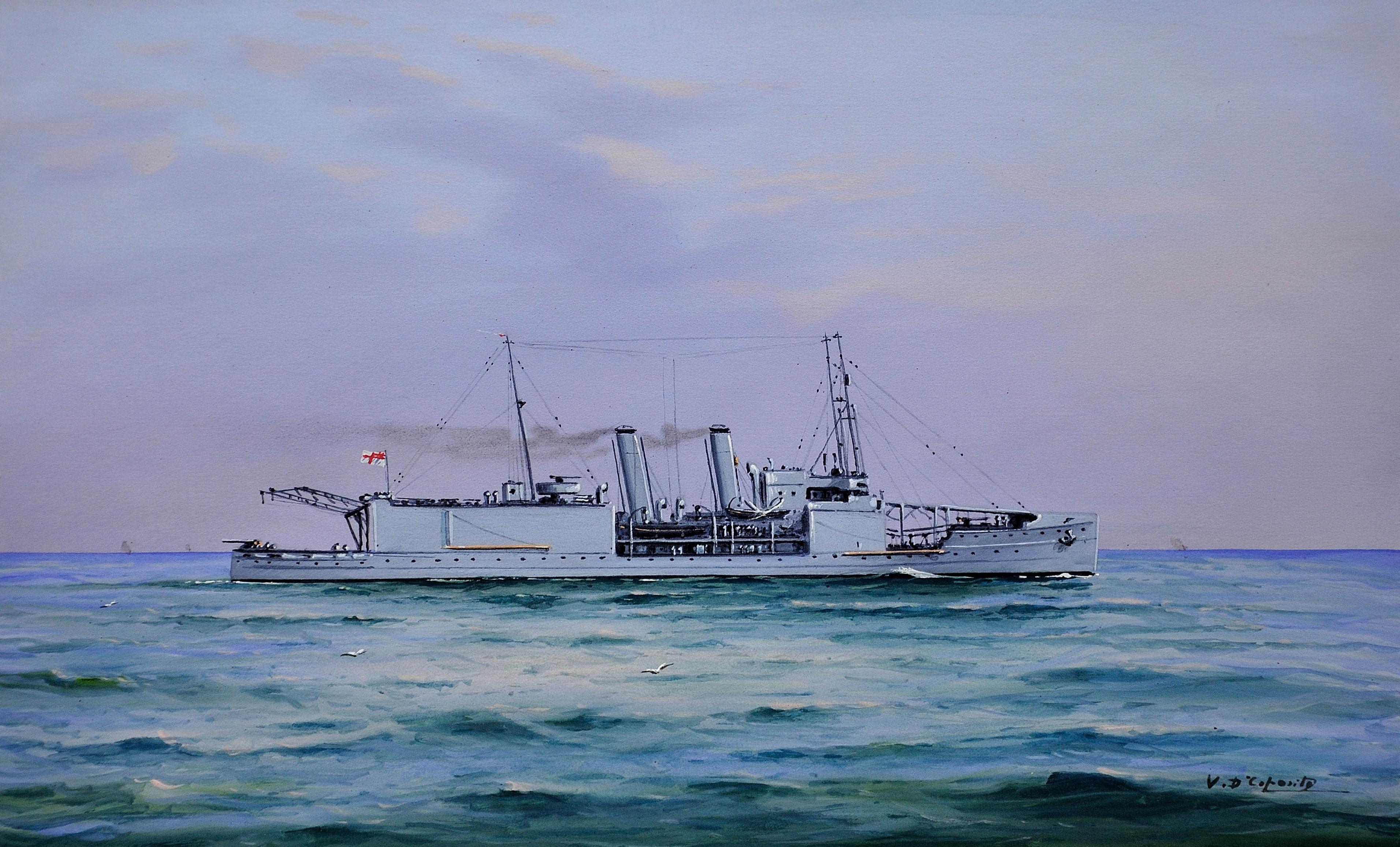 HMS Nairana. Royal Navy Seaplane Carrier. Float Plane.Tasmania & Melbourne Ferry - Photorealist Painting by Vincenzo D'Esposito