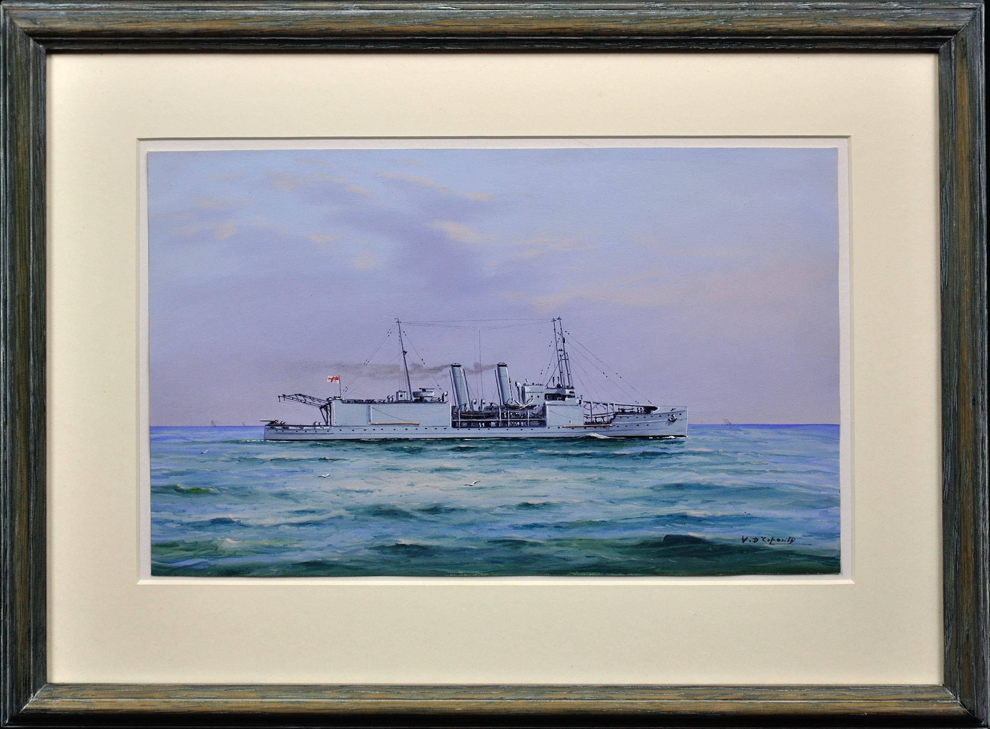HMS Nairana. Royal Navy Seaplane Carrier. Float Plane.Tasmania & Melbourne Ferry - Painting by Vincenzo D'Esposito