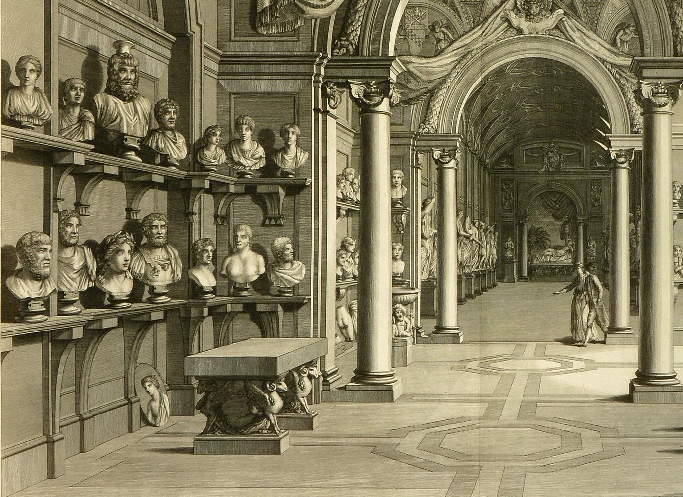 Prächtige große Tafel mit der Darstellung des Vatikanischen Museums am Ende des achtzehnten Jahrhunderts von Vincenzo Feoli (1750 - 1831).

Das Museum Pio-Clementino, benannt nach den beiden Päpsten, die seine Gründung beaufsichtigten, Clemens XIV.