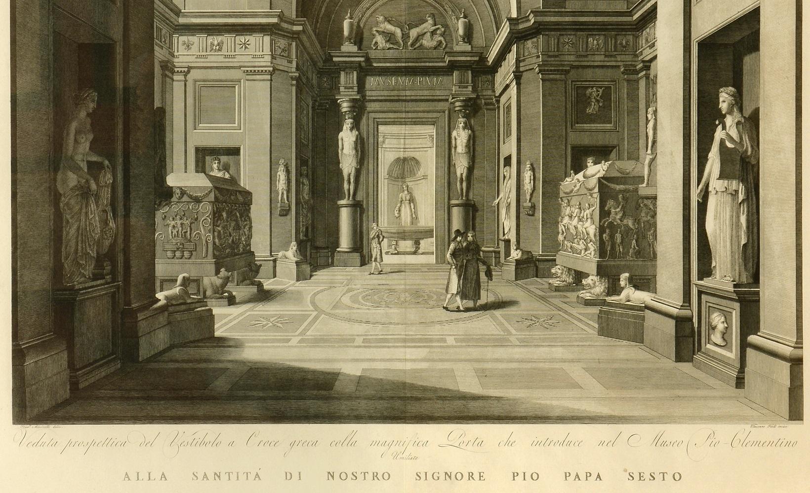 Prächtige große Tafel mit der Darstellung des Vatikanischen Museums am Ende des achtzehnten Jahrhunderts von Vincenzo Feoli (1750 - 1831) nach Micenelli und Costa.

Das Museum Pio-Clementino, benannt nach den beiden Päpsten, die seine Gründung