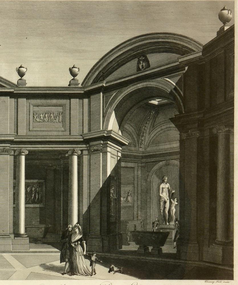 Prächtige große Tafel mit der Darstellung des Vatikanischen Museums am Ende des achtzehnten Jahrhunderts von Vincenzo Feoli (1750 - 1831) nach Miccinelli und Costa.

Das Museum Pio-Clementino, benannt nach den beiden Päpsten, die seine Gründung