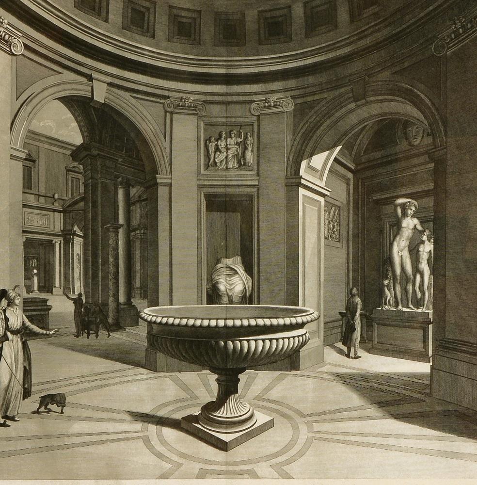 Prächtige große Tafel mit der Darstellung des Vatikanischen Museums am Ende des achtzehnten Jahrhunderts von Vincenzo Feoli (1750 - 1831) nach Miccinelli und Costa.

Das Museum Pio-Clementino, benannt nach den beiden Päpsten, die seine Gründung