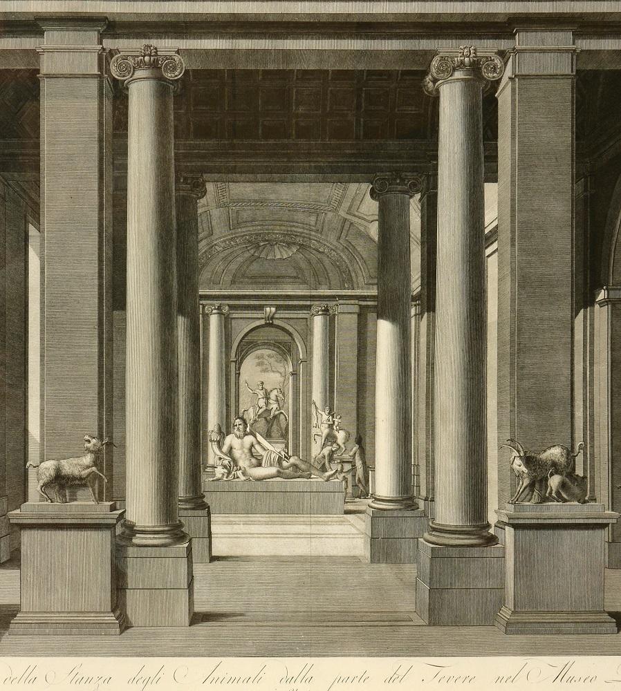 Magnifique grande planche illustrant le musée du Vatican à la fin du XVIIIe siècle par Vincenzo Feoli (1750 - 1831) d'après Miccinelli et Costa.

Le musée Pio-Clementino, nommé d'après les deux papes qui ont supervisé sa fondation, Clément XIV