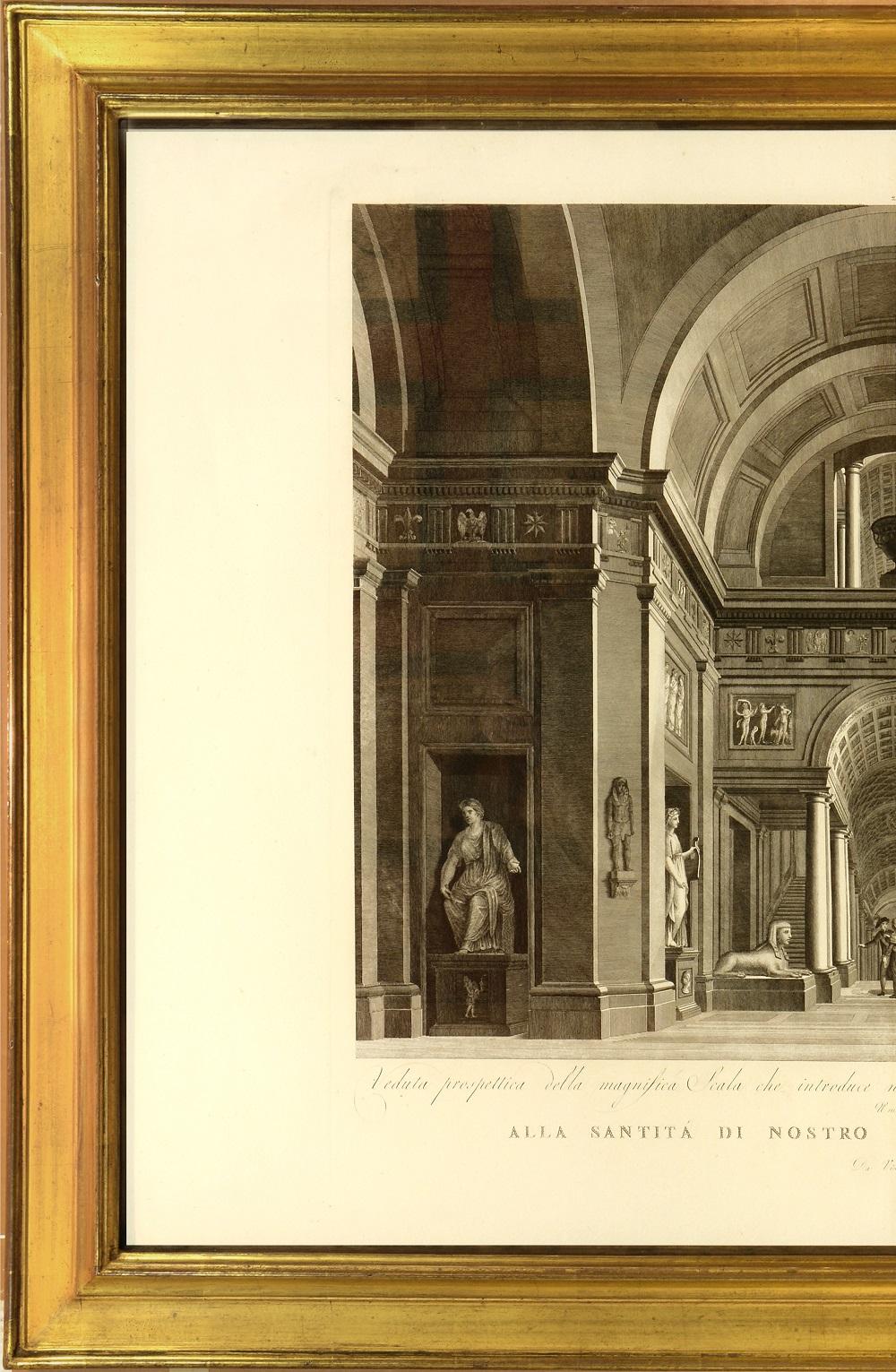 Magnificent large plate illustrating the Vatican Museum at the end of the eighteenth century by Vincenzo Feoli (1750 - 1831) after Miccinelli and Costa.

The Pio-Clementino museum, named after the two popes who oversaw its foundation, Clement XIV