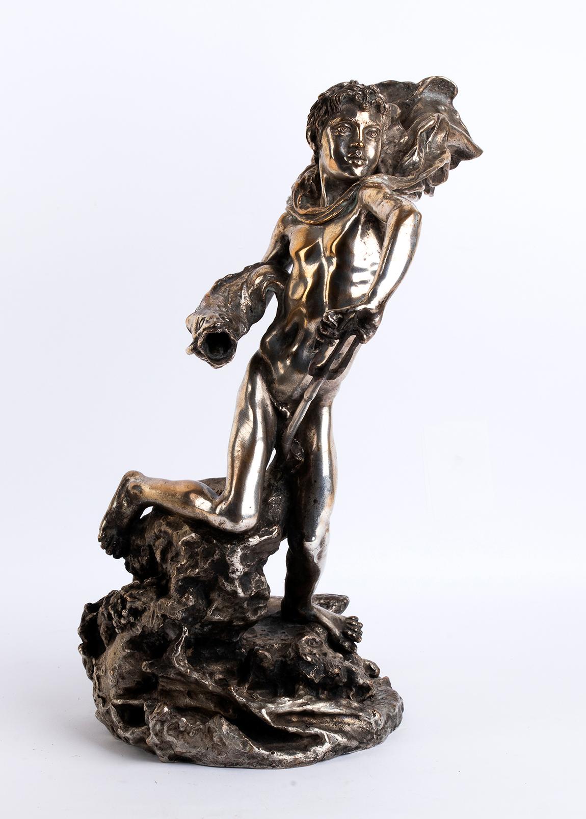 European Vincenzo Gemito, the Youth of Neptune, Silvered Bronze Sculpture For Sale
