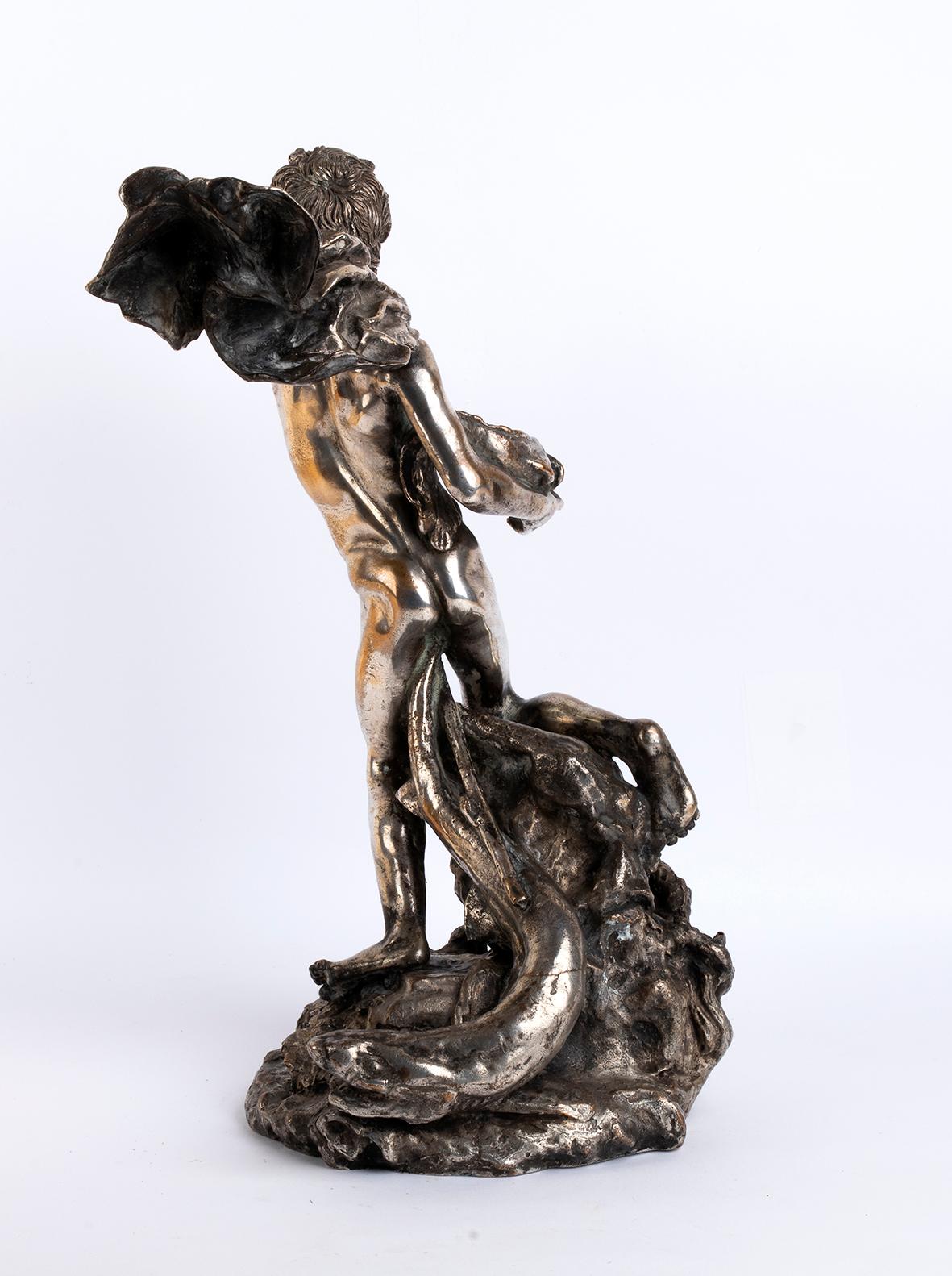 Vincenzo Gemito, the Youth of Neptune, Silvered Bronze Sculpture In Excellent Condition For Sale In Rome, IT