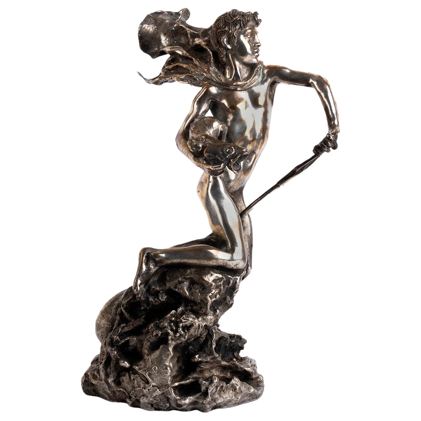 Vincenzo Gemito, the Youth of Neptune, Silvered Bronze Sculpture For Sale
