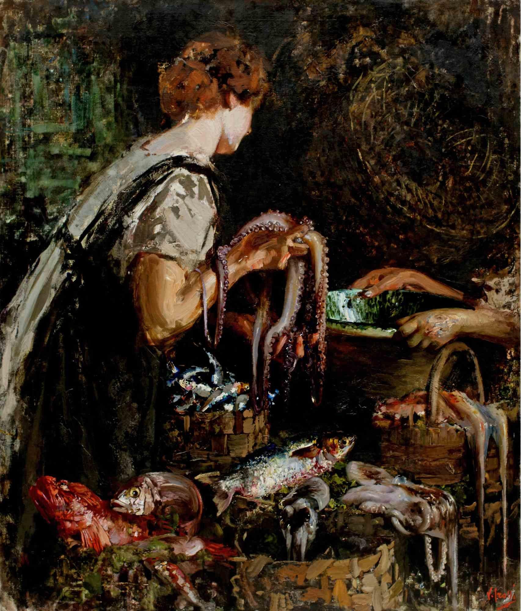 Al Mercato del Pesce - Oil Paint by Vincenzo Irolli - 1922 ca. For Sale 1