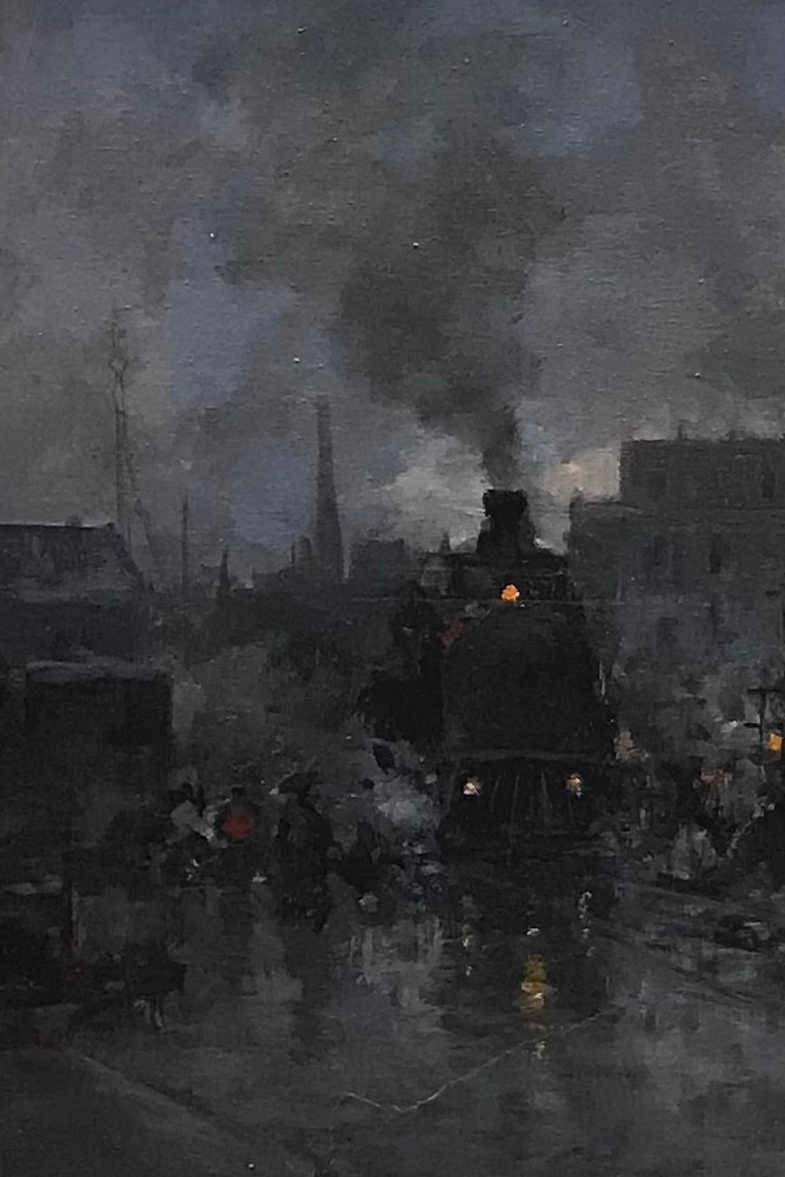 The arrival of the train by Vincenzo Laricchia - Oil on canvas 40x50 cm For Sale 1