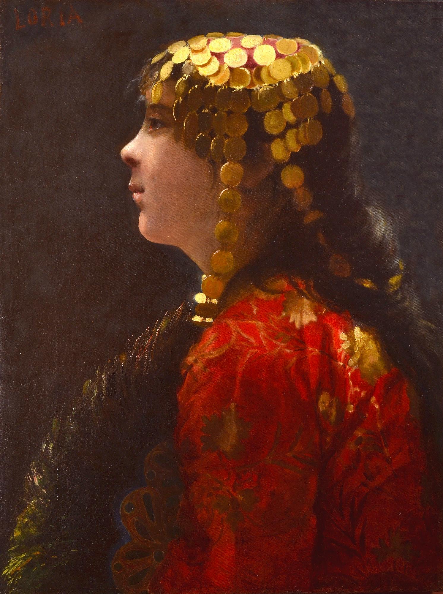 Vincenzo Loria Portrait Painting - THE GOLDEN HEADDRESS, Italian 19th Century Oil Portrait