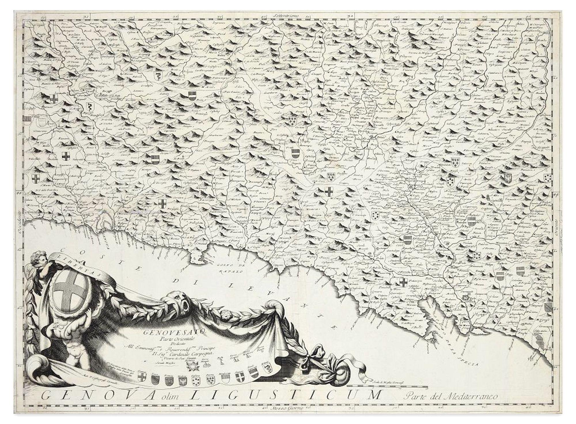 Vincenzo Maria Coronelli Landscape Print - Genova Olim Ligusticum - Etching by V. Coronelli - 1684 ca.