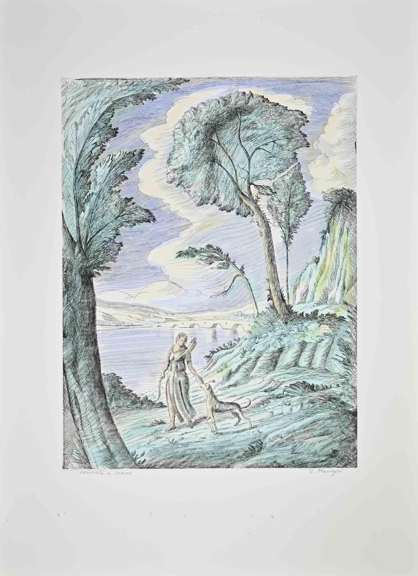 Aguafuerte coloreado a mano realizado por Vincenzo Maugeri.

Firmado a mano en lápiz.

Excelente estado.

