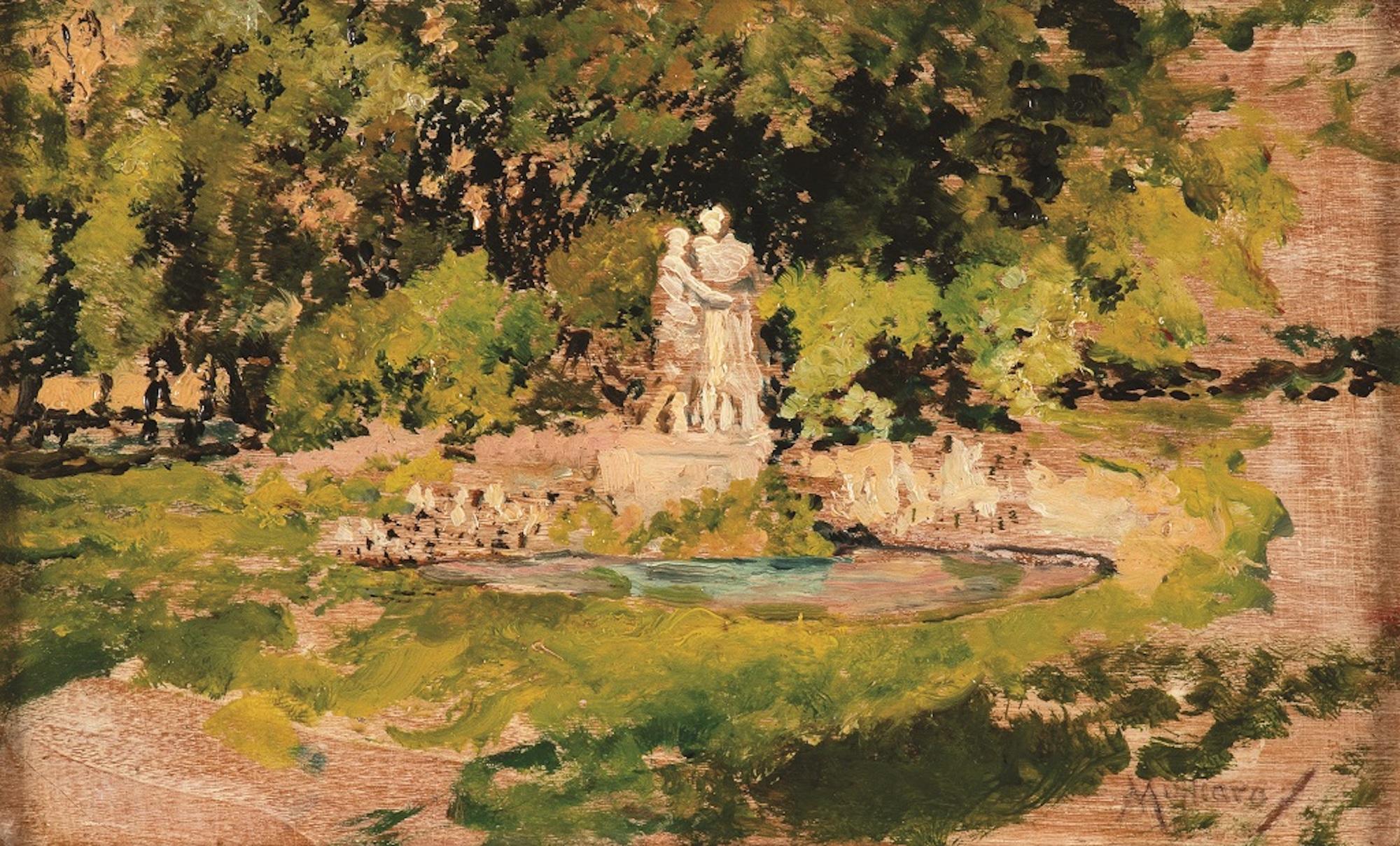 Vincenzo Migliaro Figurative Painting - Royal Garden in Neaples - Original Oil on Table by V. Migliaro - End of 1800