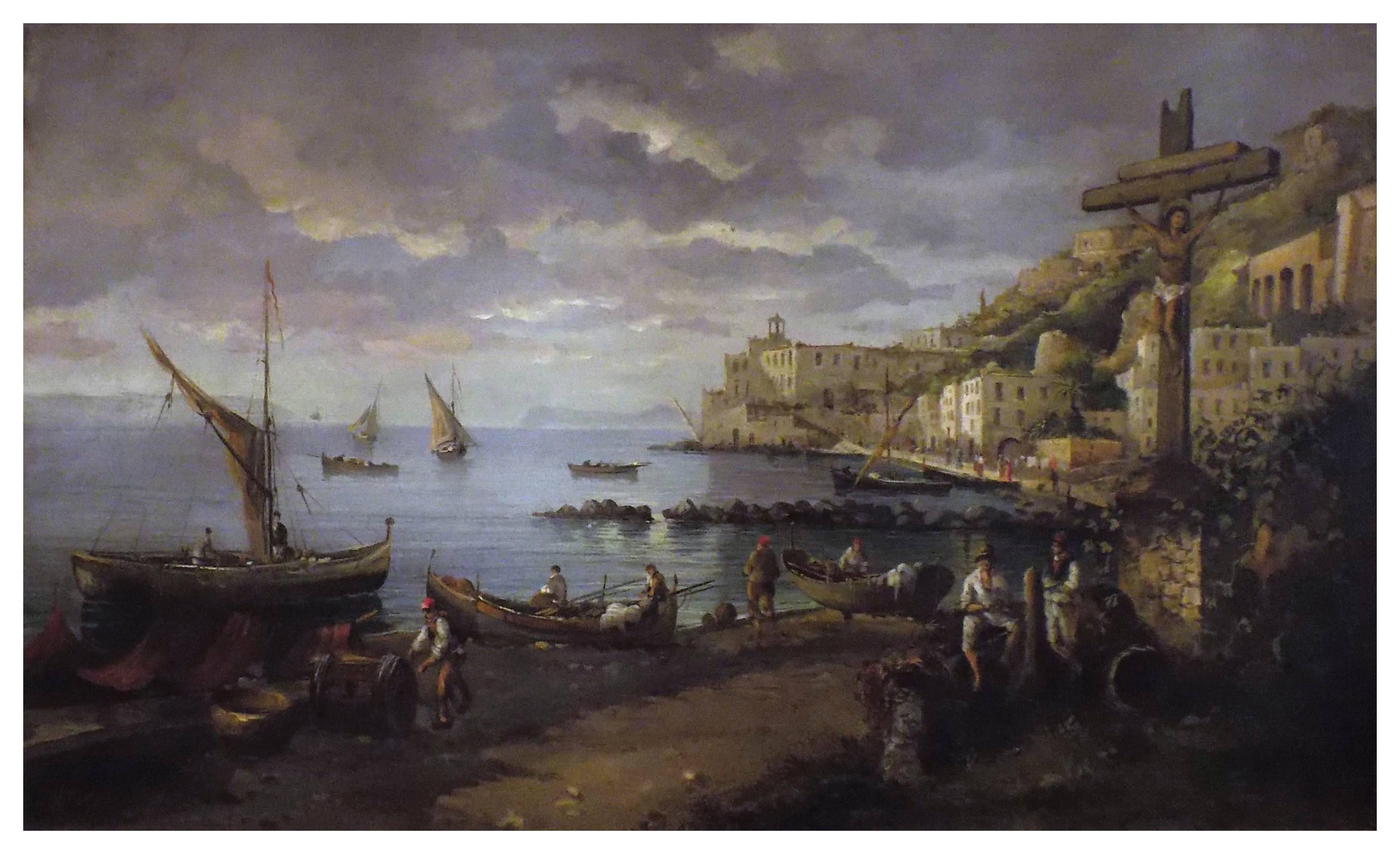NAPLES - École Posillipo - Peinture de paysage italienne à l'huile sur toile - Painting de Vincenzo Montella