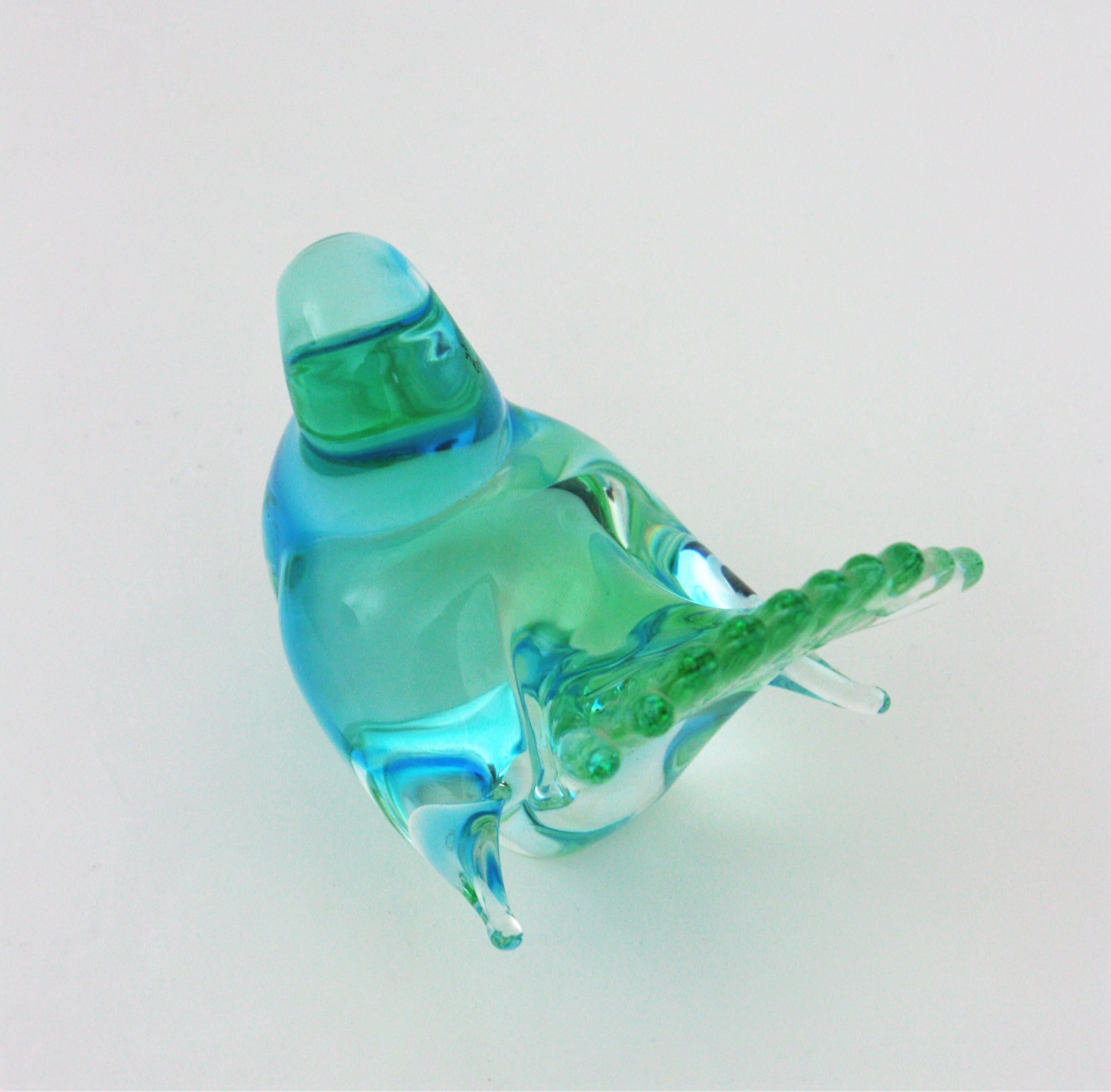 Vincenzo Nason Murano Art Glass Green Blue Bird Paperweight Figurine For Sale 7