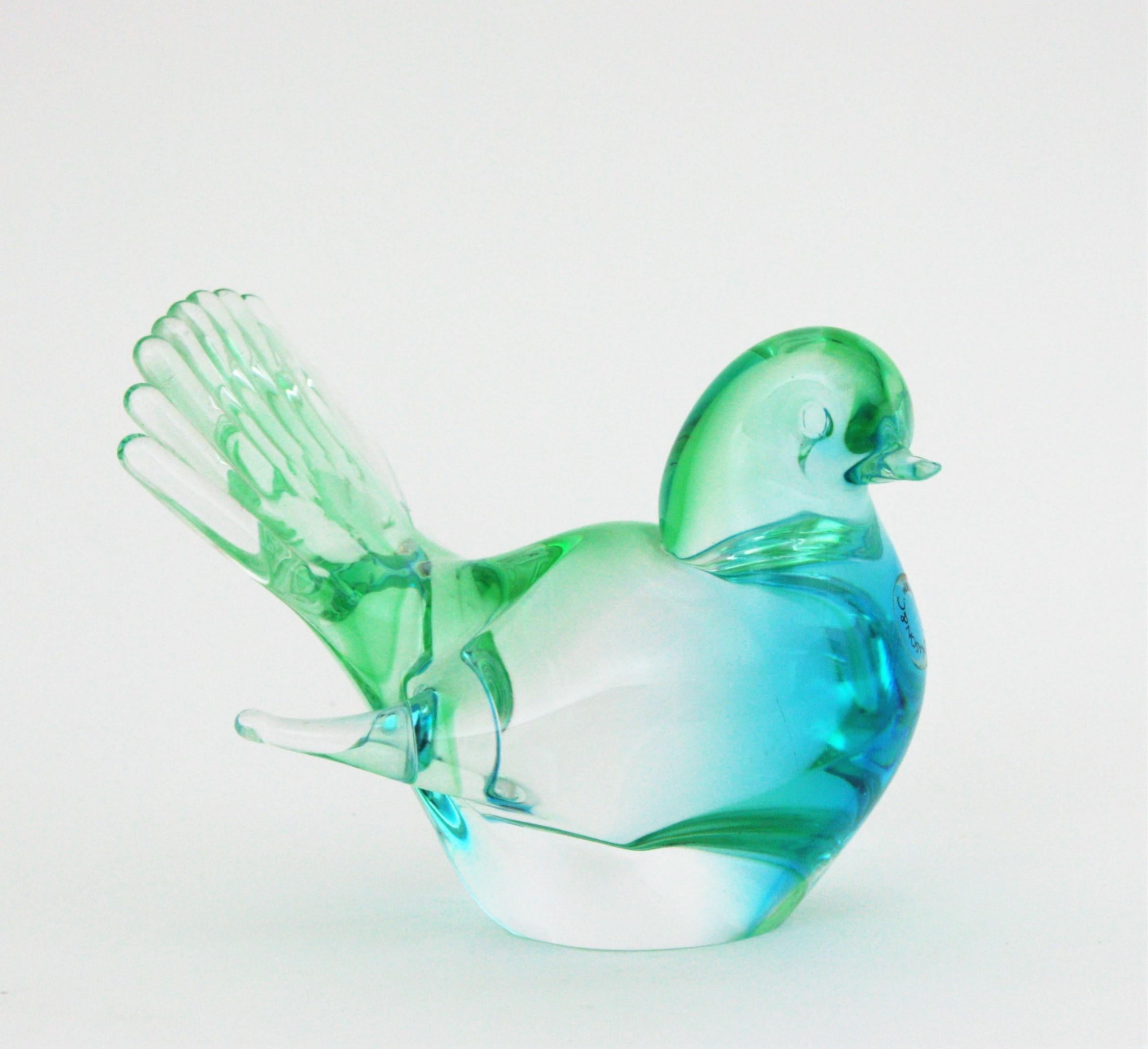 Blown Glass Penguin Figurine Green Clear Art Paperweight Beautiful 