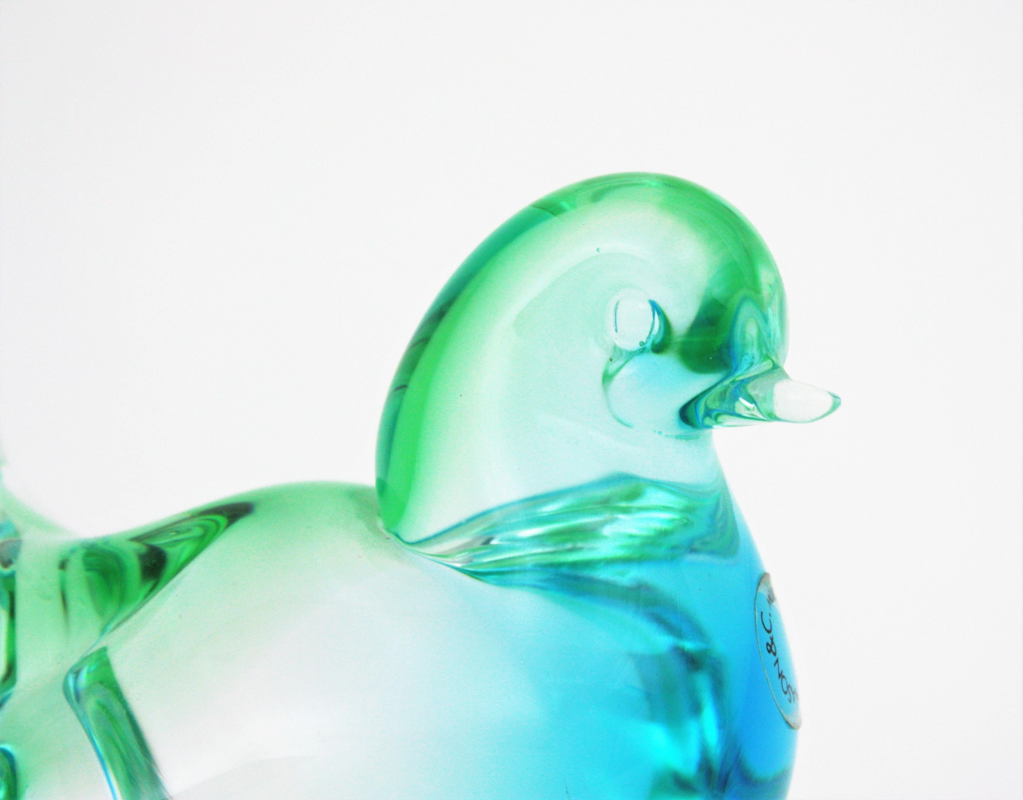 Mid-Century Modern Vincenzo Nason Murano Art Glass Green Blue Bird Paperweight Figurine For Sale