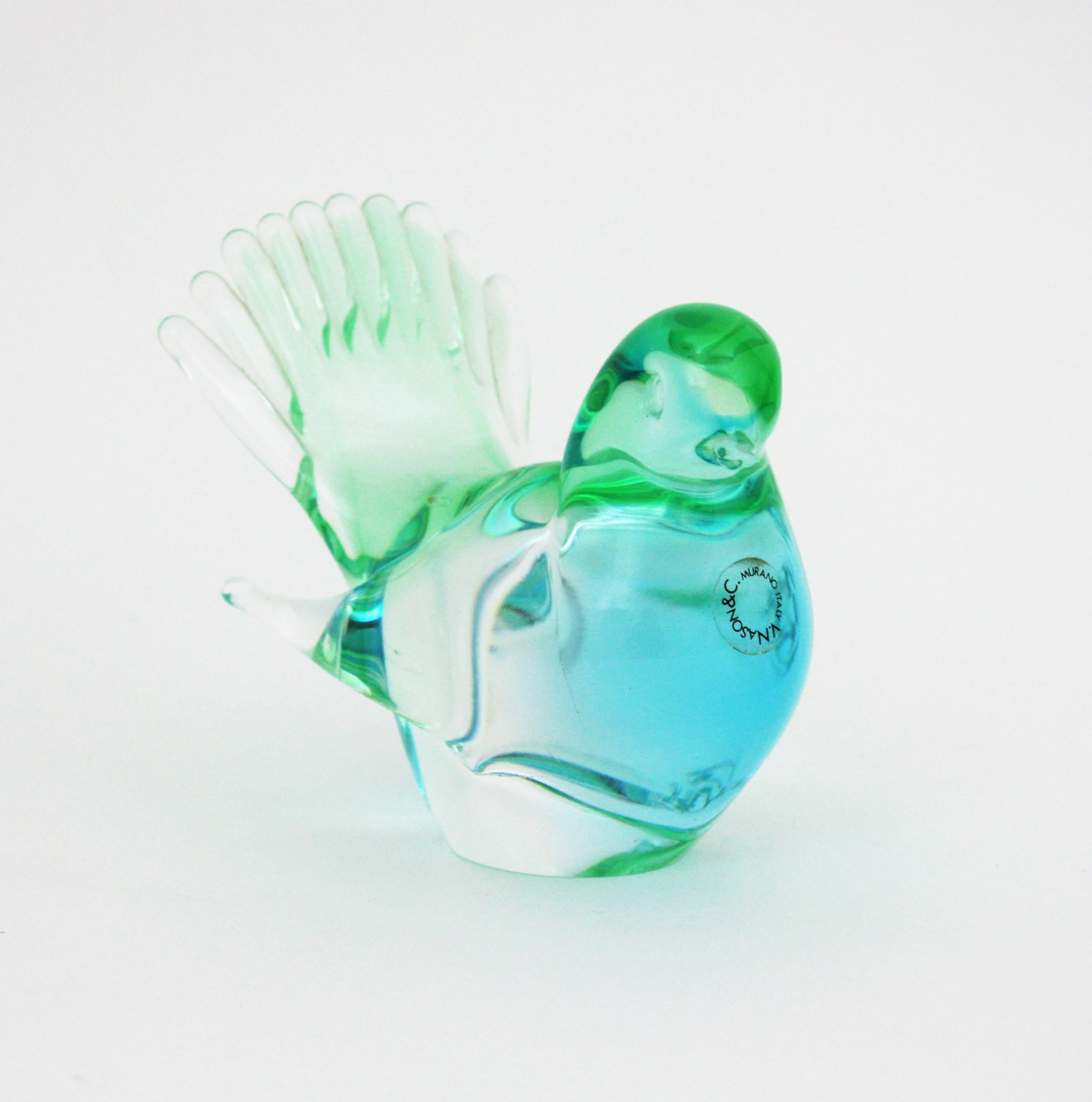 Italian Vincenzo Nason Murano Art Glass Green Blue Bird Paperweight Figurine For Sale