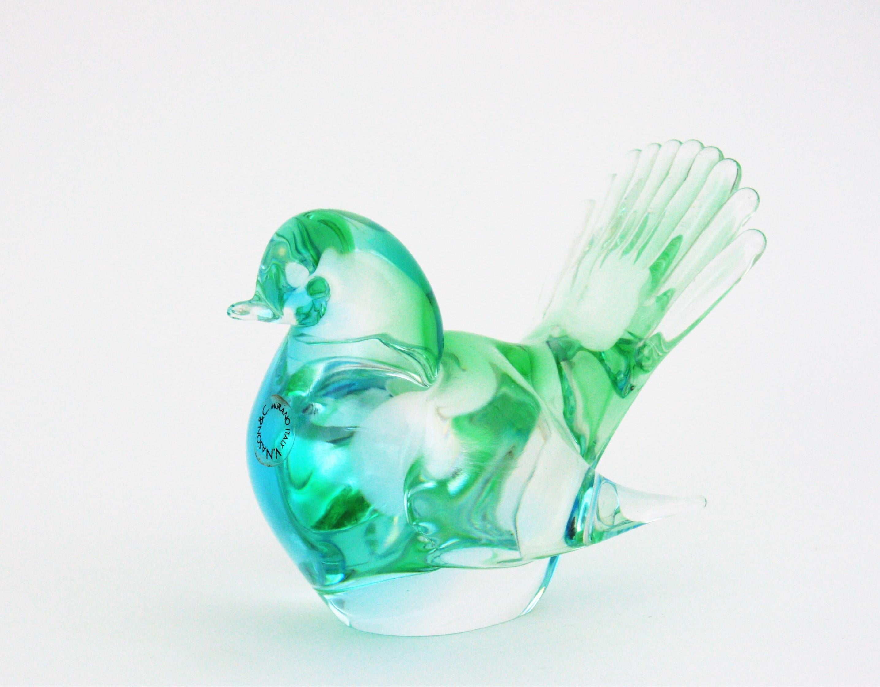 20th Century Vincenzo Nason Murano Art Glass Green Blue Bird Paperweight Figurine For Sale