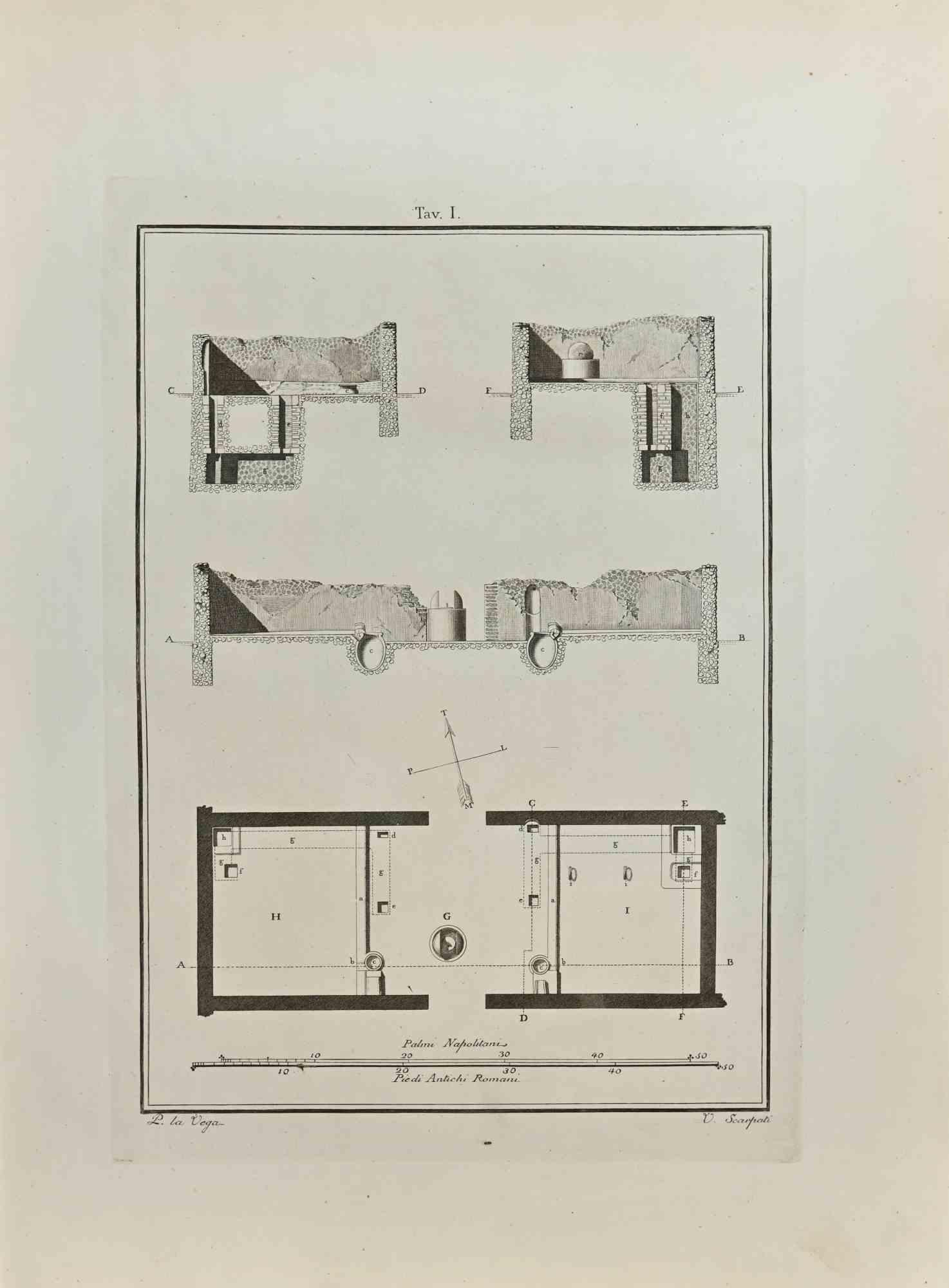 Die architektonische römische Karte aus den "Altertümern von Herculaneum" ist eine Radierung auf Papier von Vincenzo Scarpati aus dem 18. Jahrhundert.

Signiert auf der Platte.

Guter Zustand mit einigen Faltungen.

Die Radierung gehört zu der