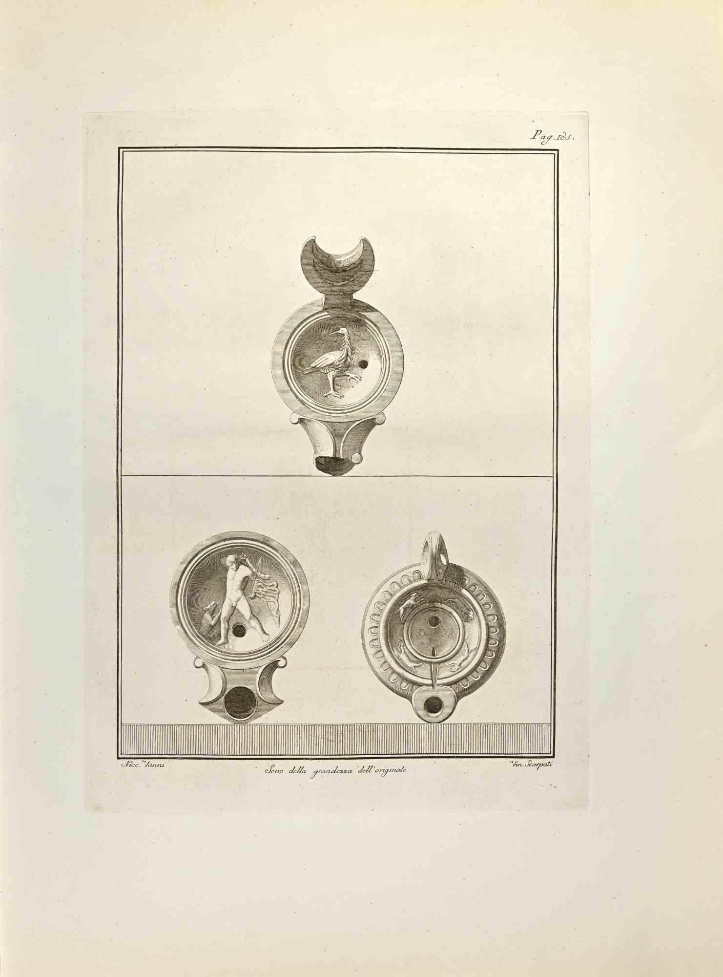 Figurative Print Vincenzo Scarpati - Lampe à l'huile avec Hercule et animaux - gravure - 18e siècle