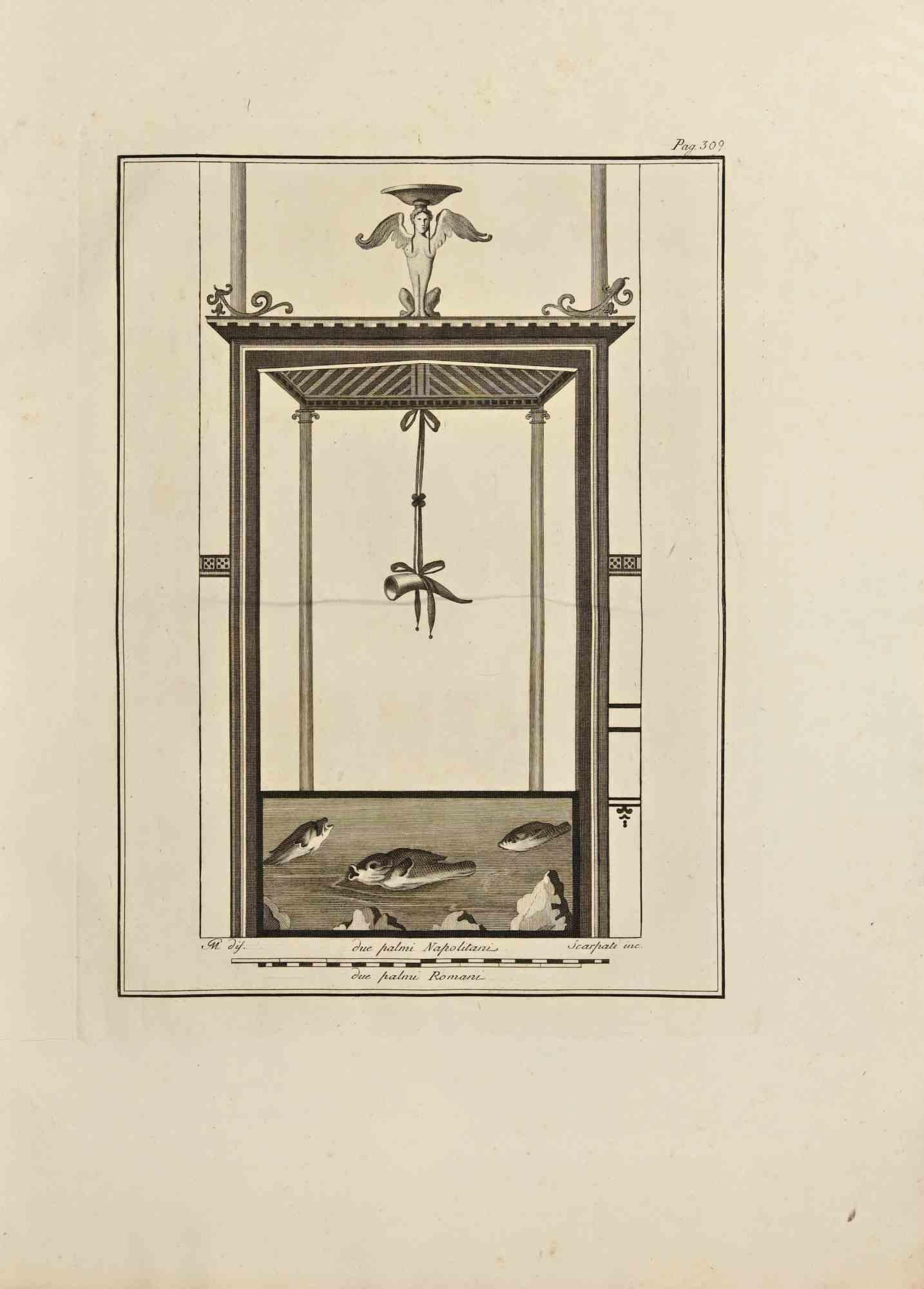 Tempel mit Sphinx aus den "Altertümern von Herculaneum" ist eine Radierung auf Papier von Vincenzo Scarpati aus dem 18. Jahrhundert.

Signiert auf der Platte.

Guter Zustand und gealtert mit einigen Faltungen.

Die Radierung gehört zu der Druckserie