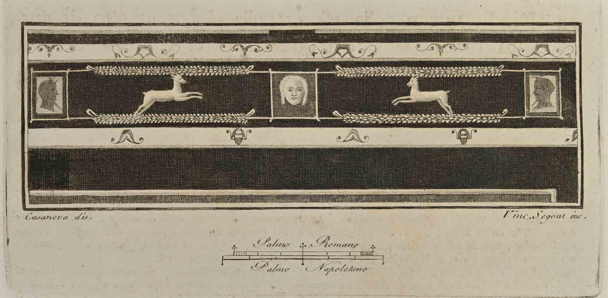 Ornamental Pompeian Style from "Antiquities of Herculaneum" is an etching on paper realized by Vincenzo Segoni in the 18th Century.

Signed on the plate.

Good conditions and aged.

The etching belongs to the print suite “Antiquities of Herculaneum