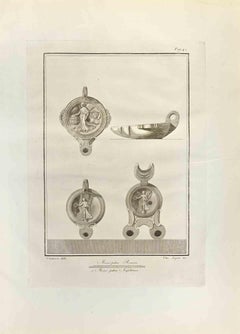 Antique Pompeian Style Oil Lamps - Etching by Vincenzo Segoni - 18th Century