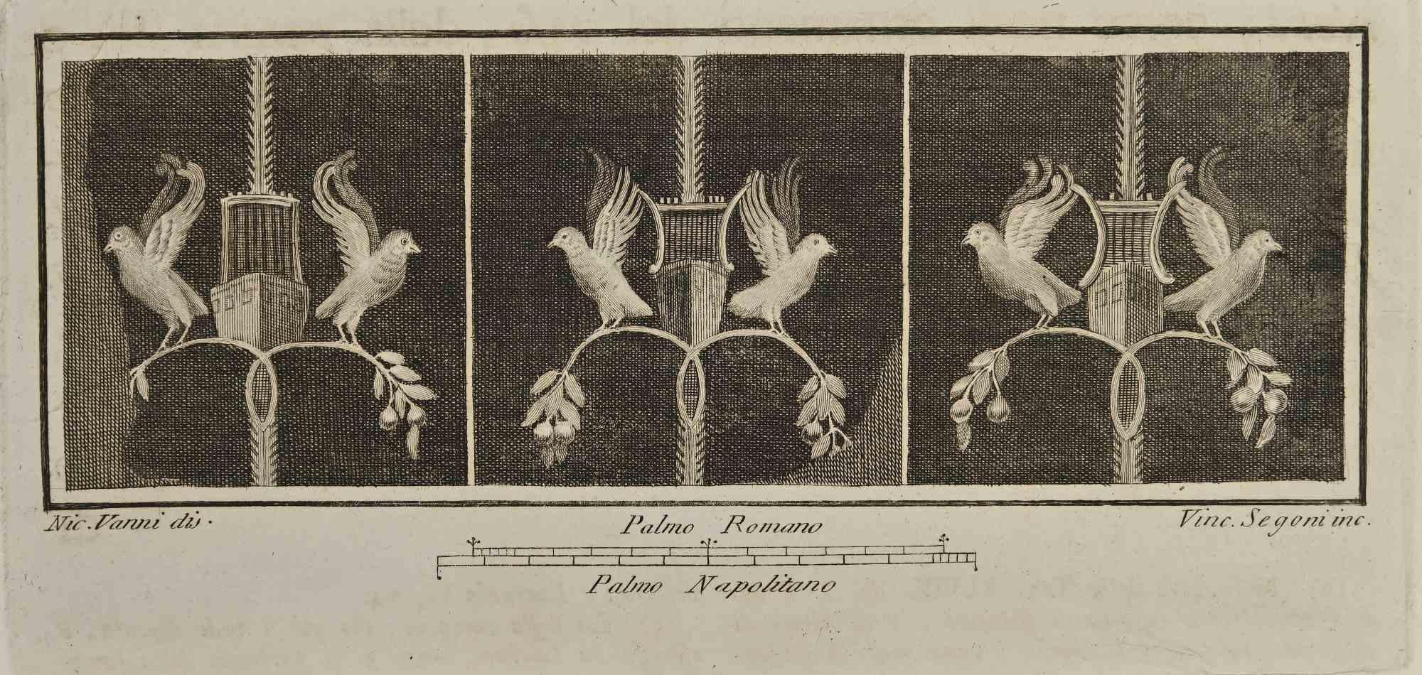 Fresque de nature morte avec oiseaux des "Antiquités d'Herculanum" est une gravure sur papier réalisée par Vincenzo Segoni au 18ème siècle.

Signé sur la plaque.

Bon état avec quelques pliures.

La gravure appartient à la suite d'estampes